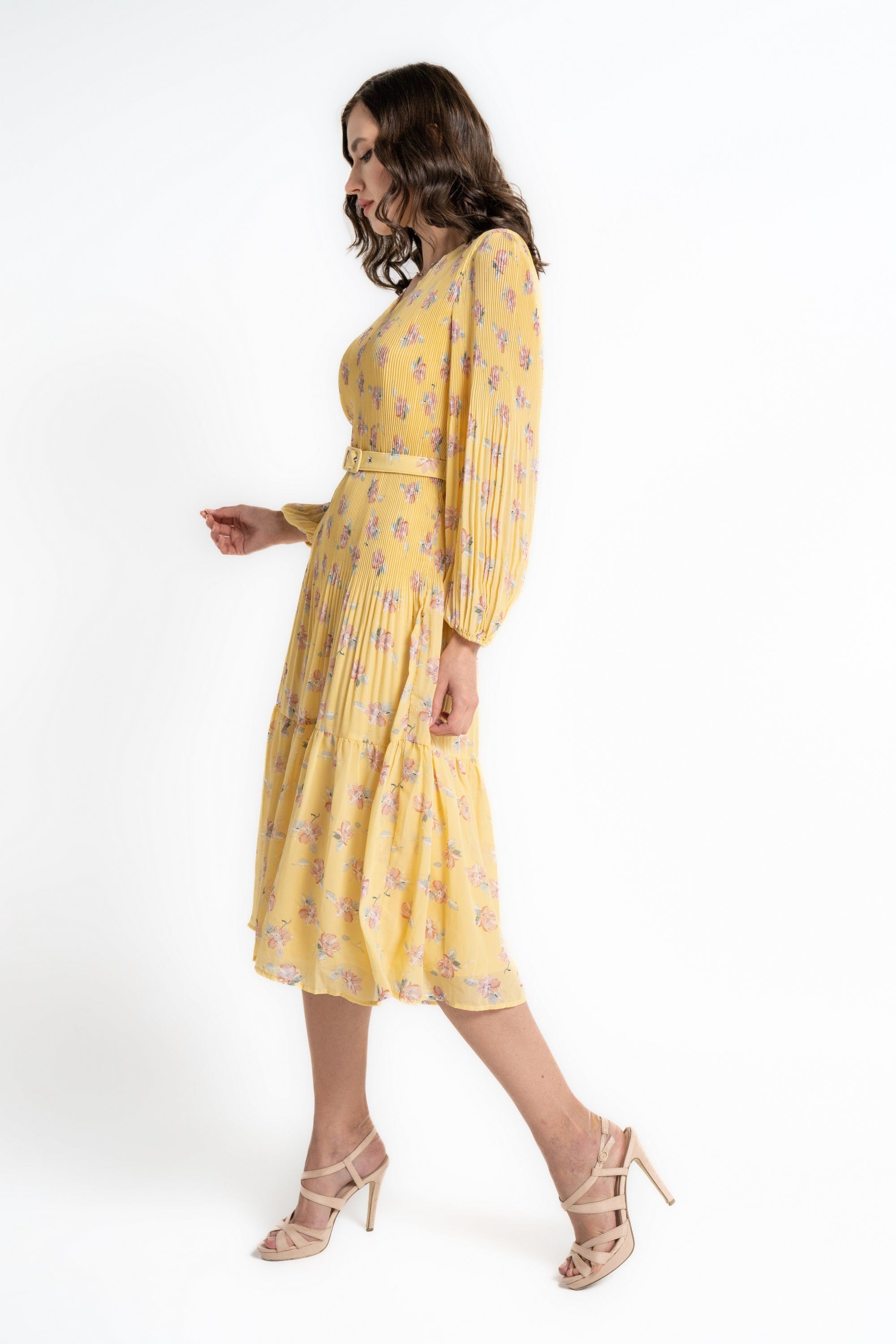 ميكا فستان ميدي بأكمام طويلة مورد كم طويل نسائي