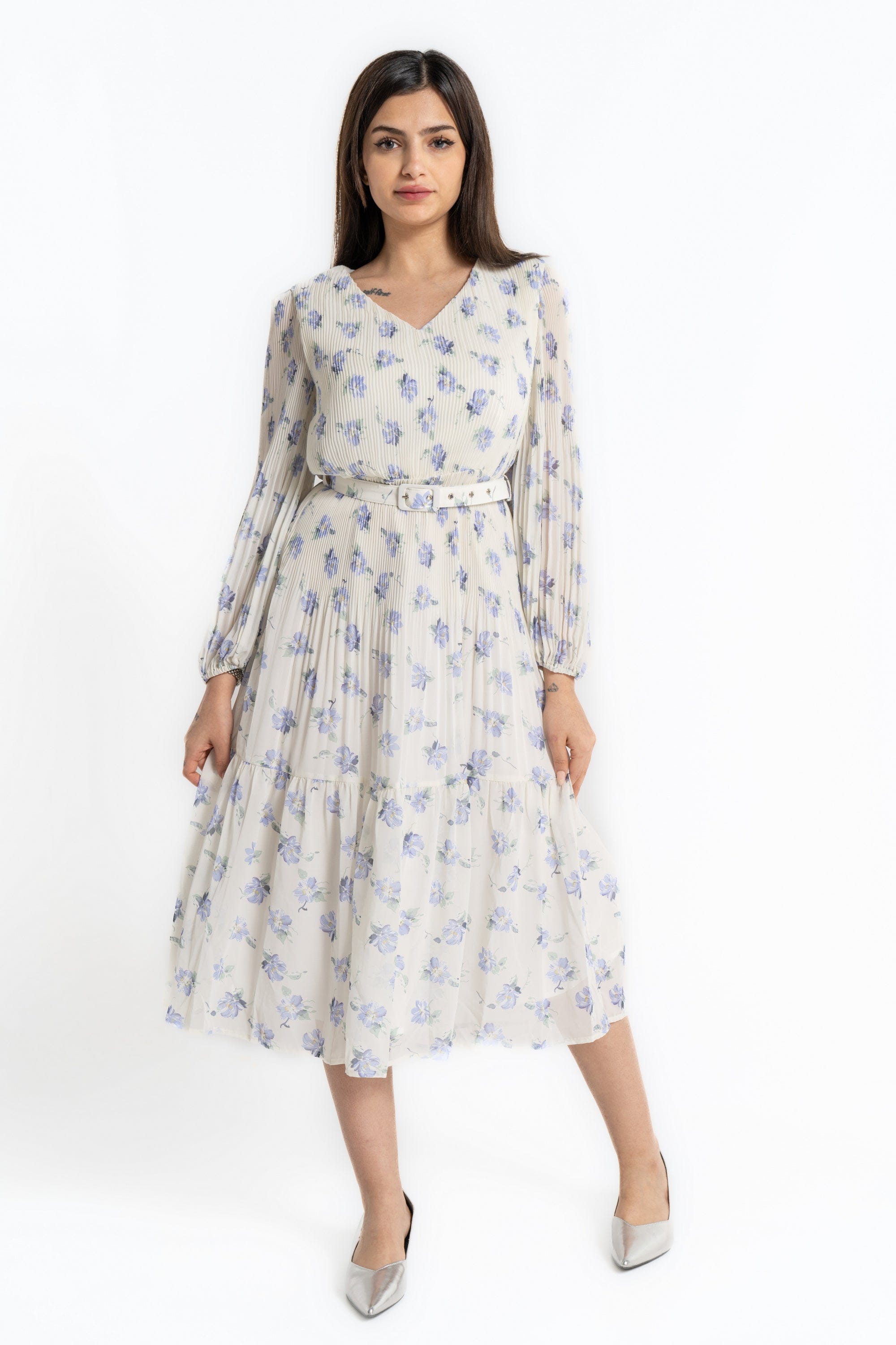 ميكا فستان ميدي بأكمام طويلة مورد كم طويل نسائي