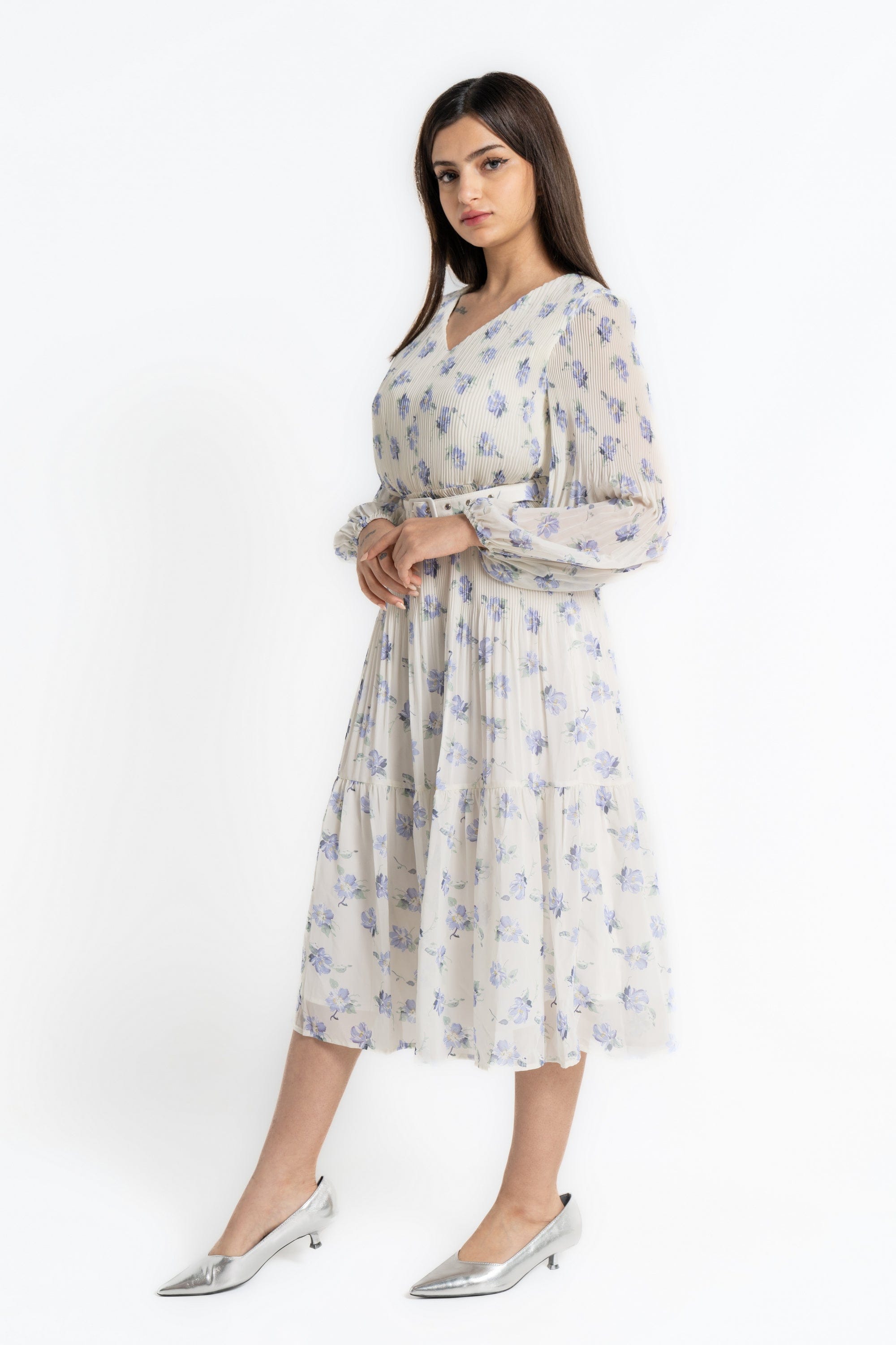 ميكا فستان ميدي بأكمام طويلة مورد كم طويل نسائي