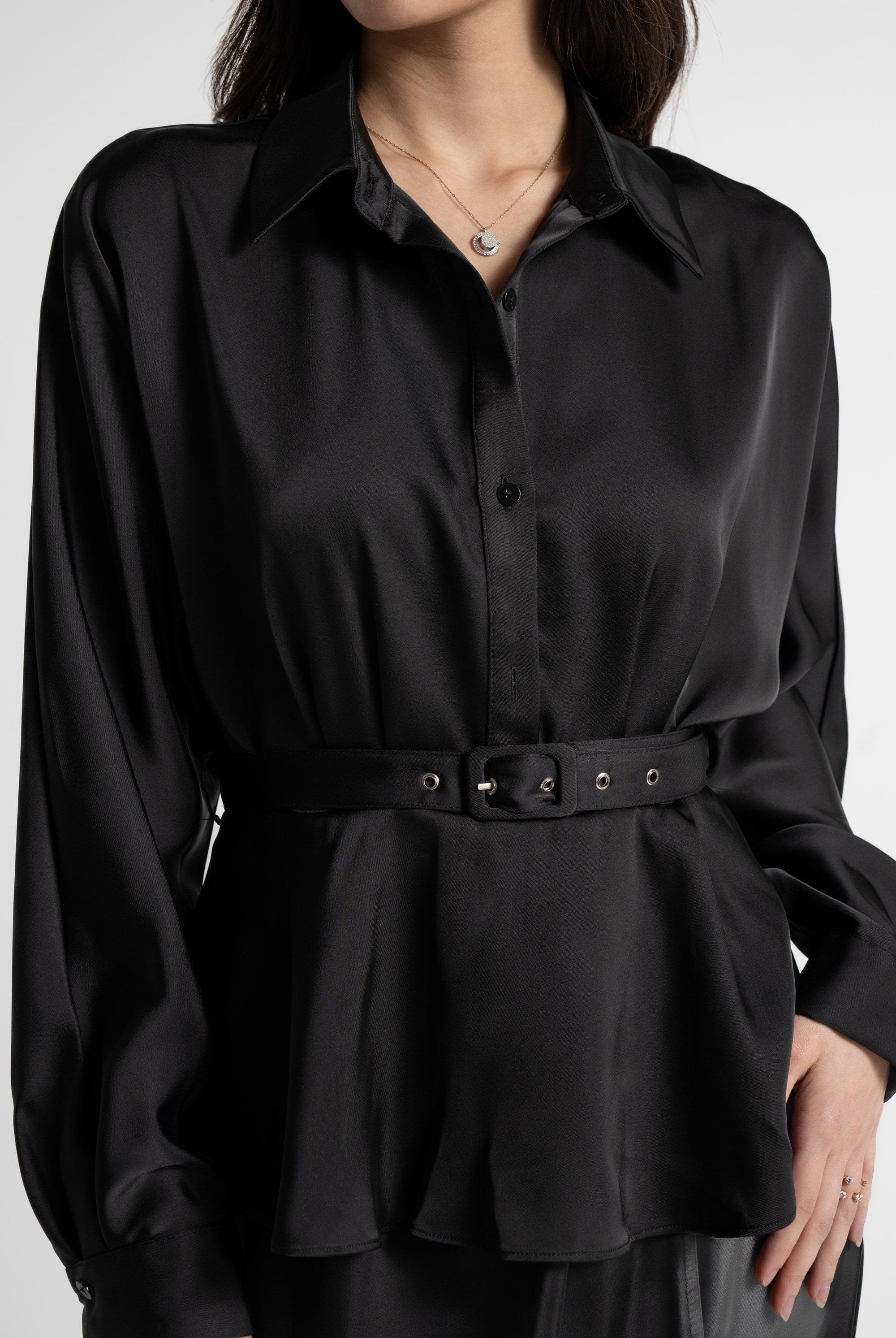 ميكا فستان ميدي بأكمام طويلة سادة قصير نسائي أسود