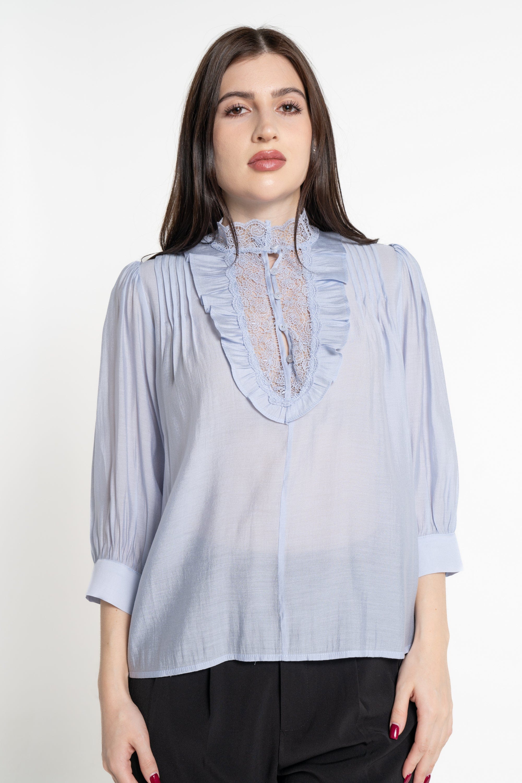 ميكا بلوزة 3/4 كم سادة مكشكشة من الأمام نسائي