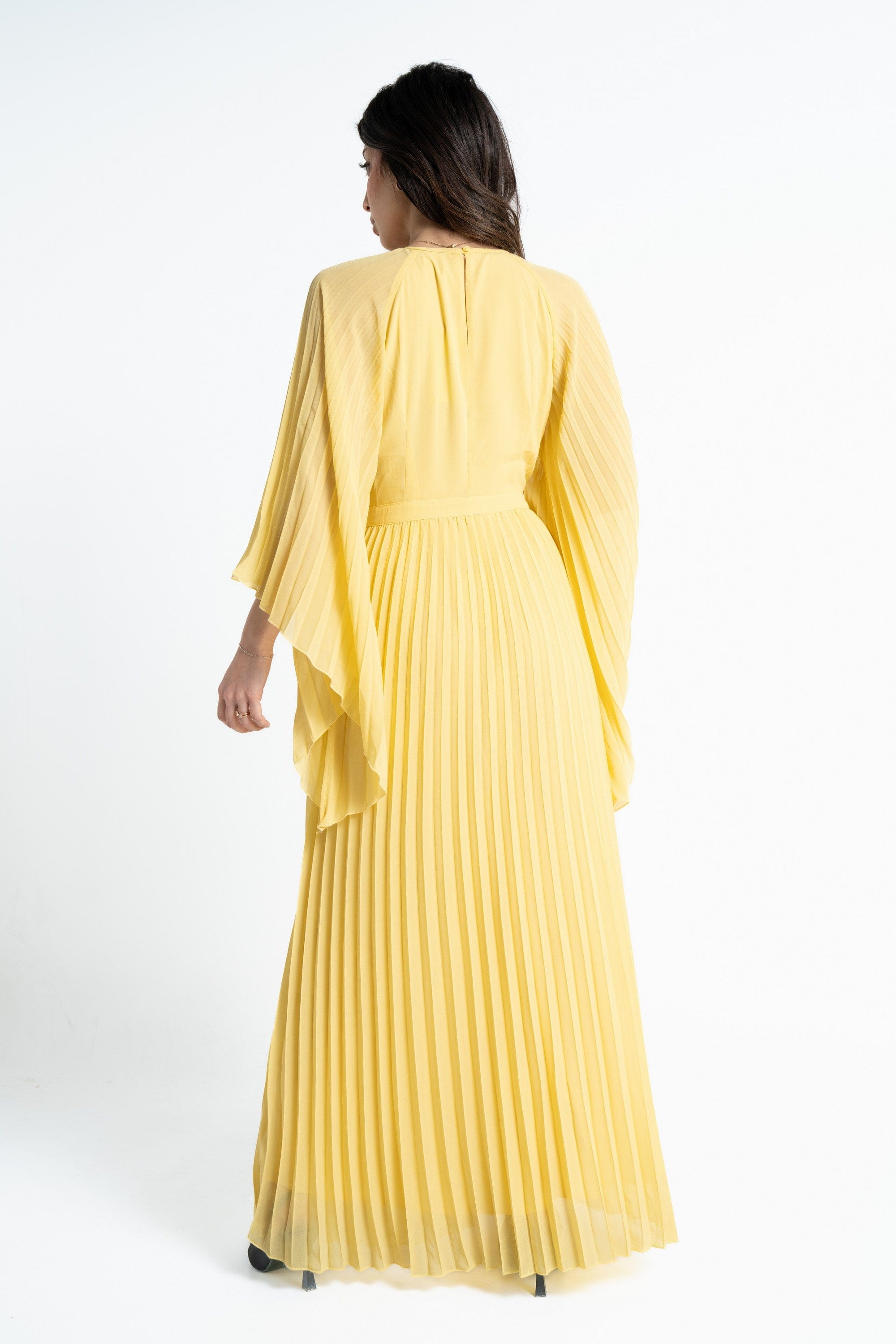 ميكا فستان ماكسي بأكمام فراشة بليسيه طويل نسائي أصفر