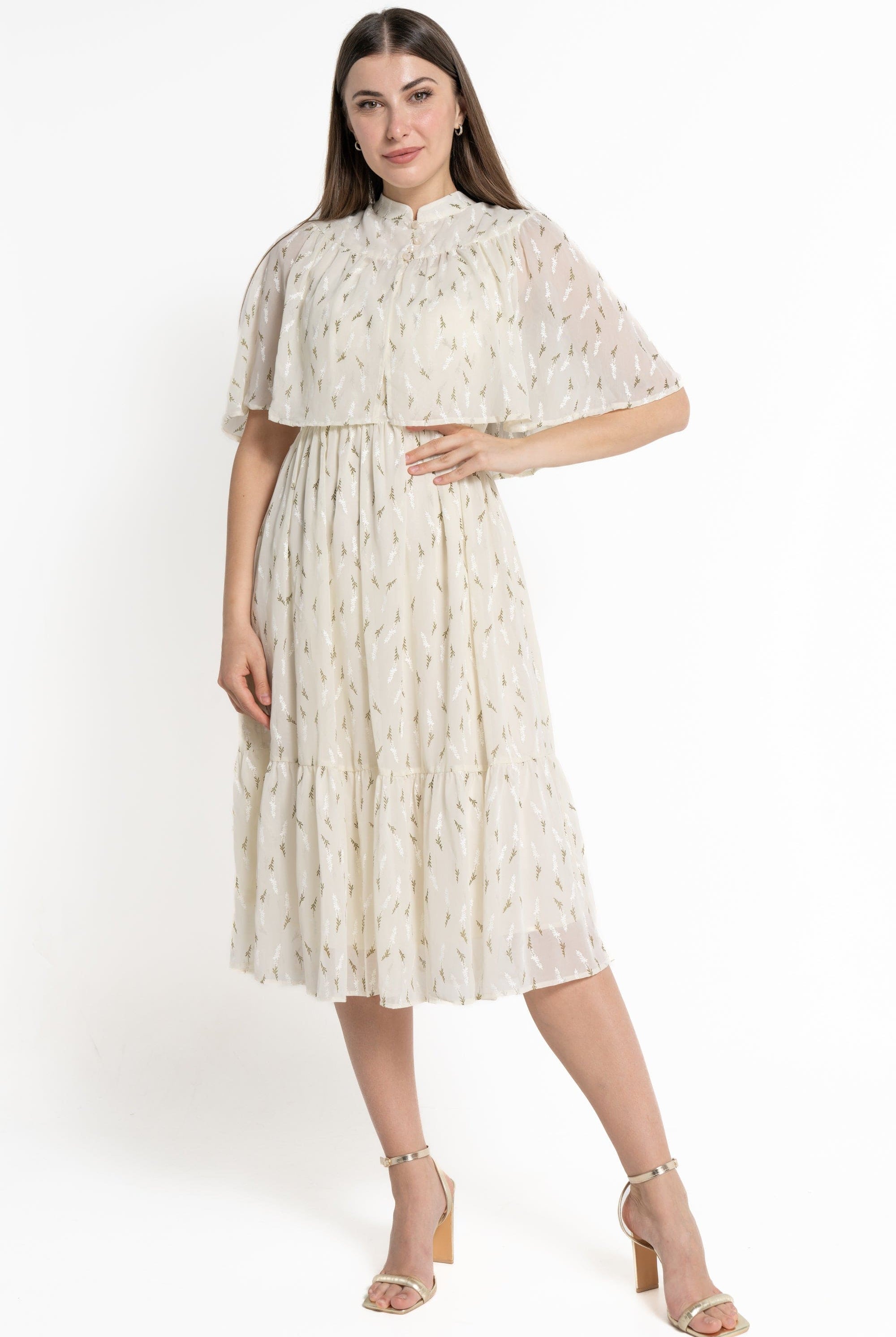 ميكا فستان ميدي بأكمام قصيرة مشجرة نسائي كريمي