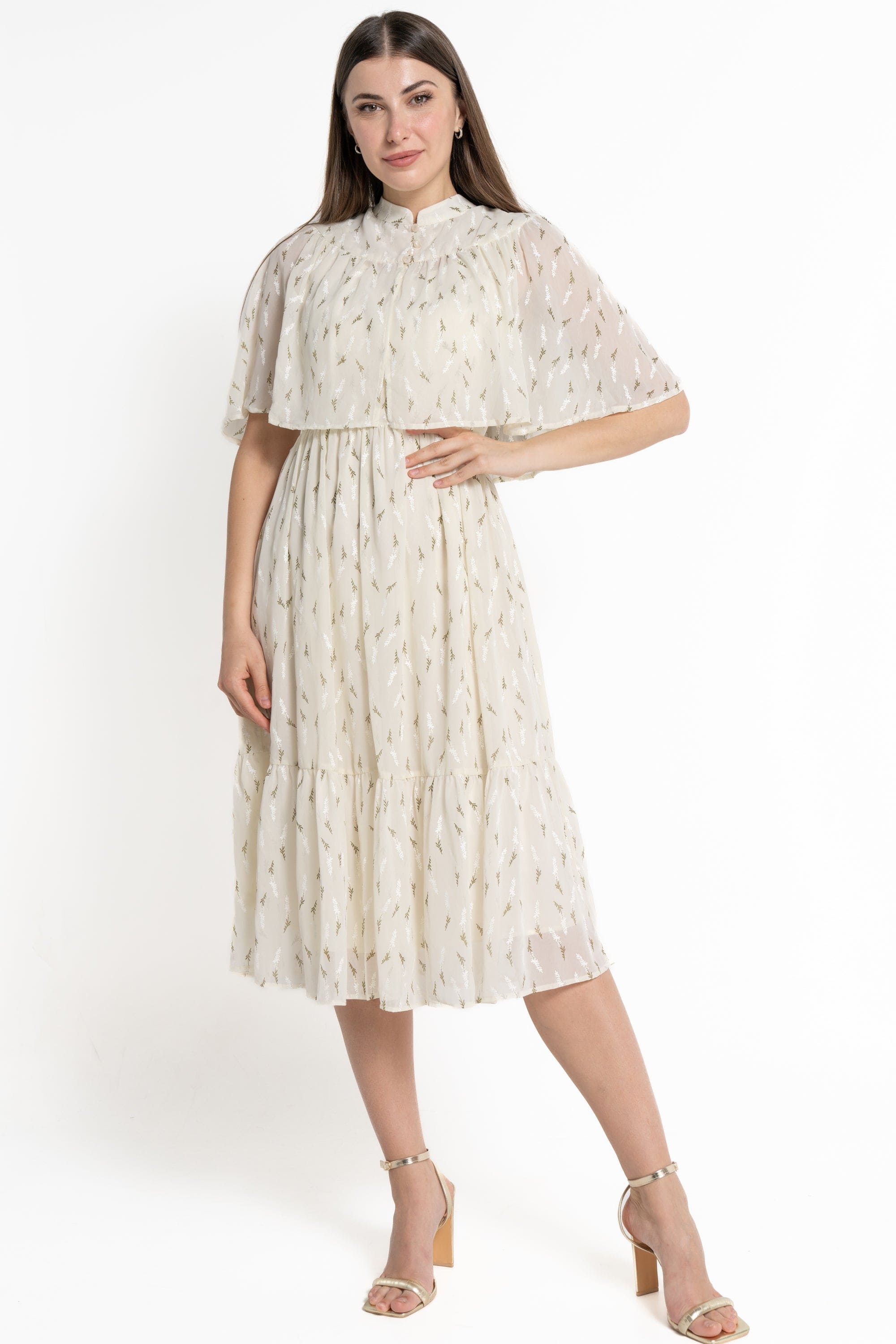 ميكا فستان ميدي بأكمام قصيرة مشجرة نسائي كريمي