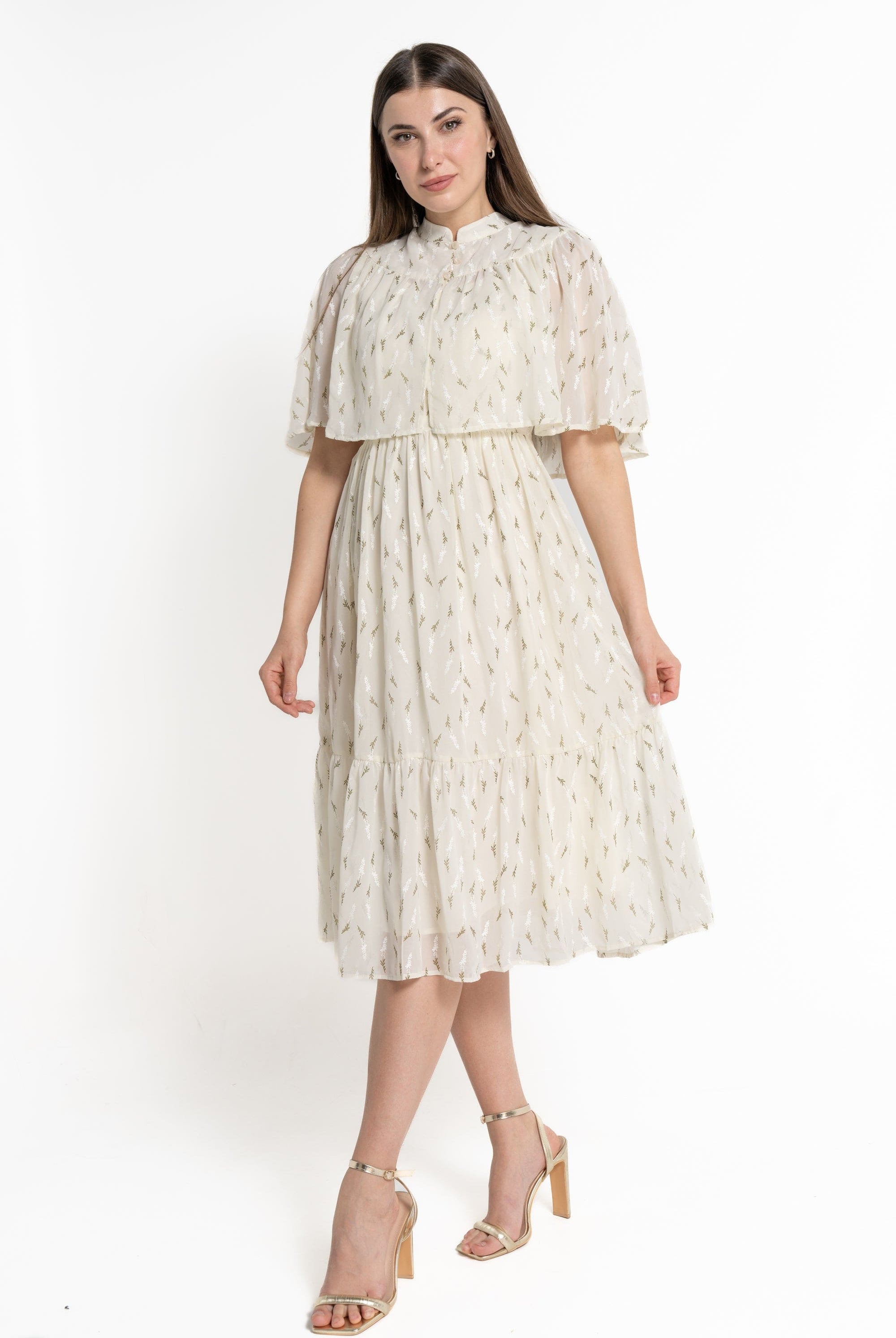 ميكا فستان ميدي بأكمام قصيرة مشجرة نسائي كريمي