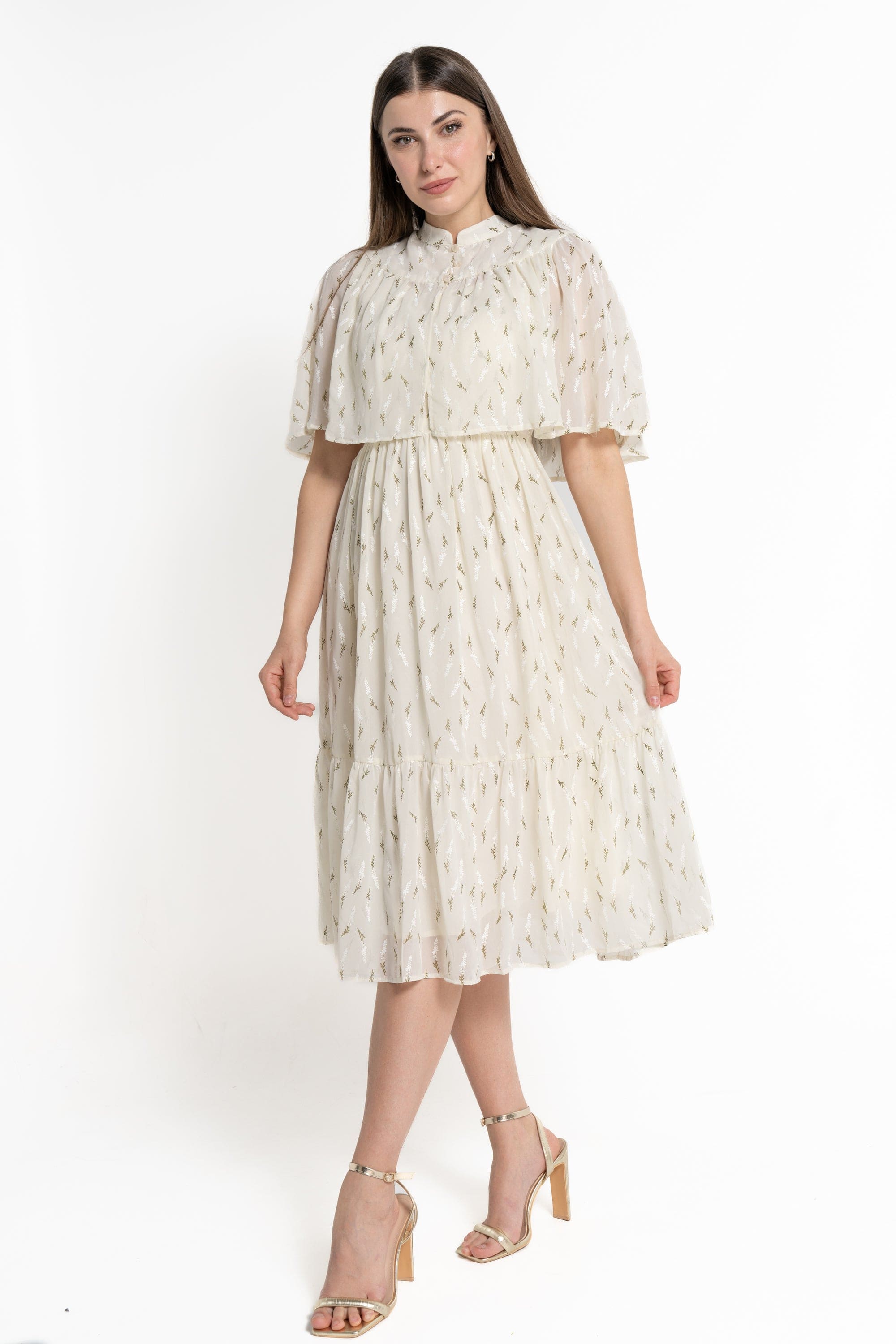 ميكا فستان ميدي بأكمام قصيرة مشجرة نسائي كريمي