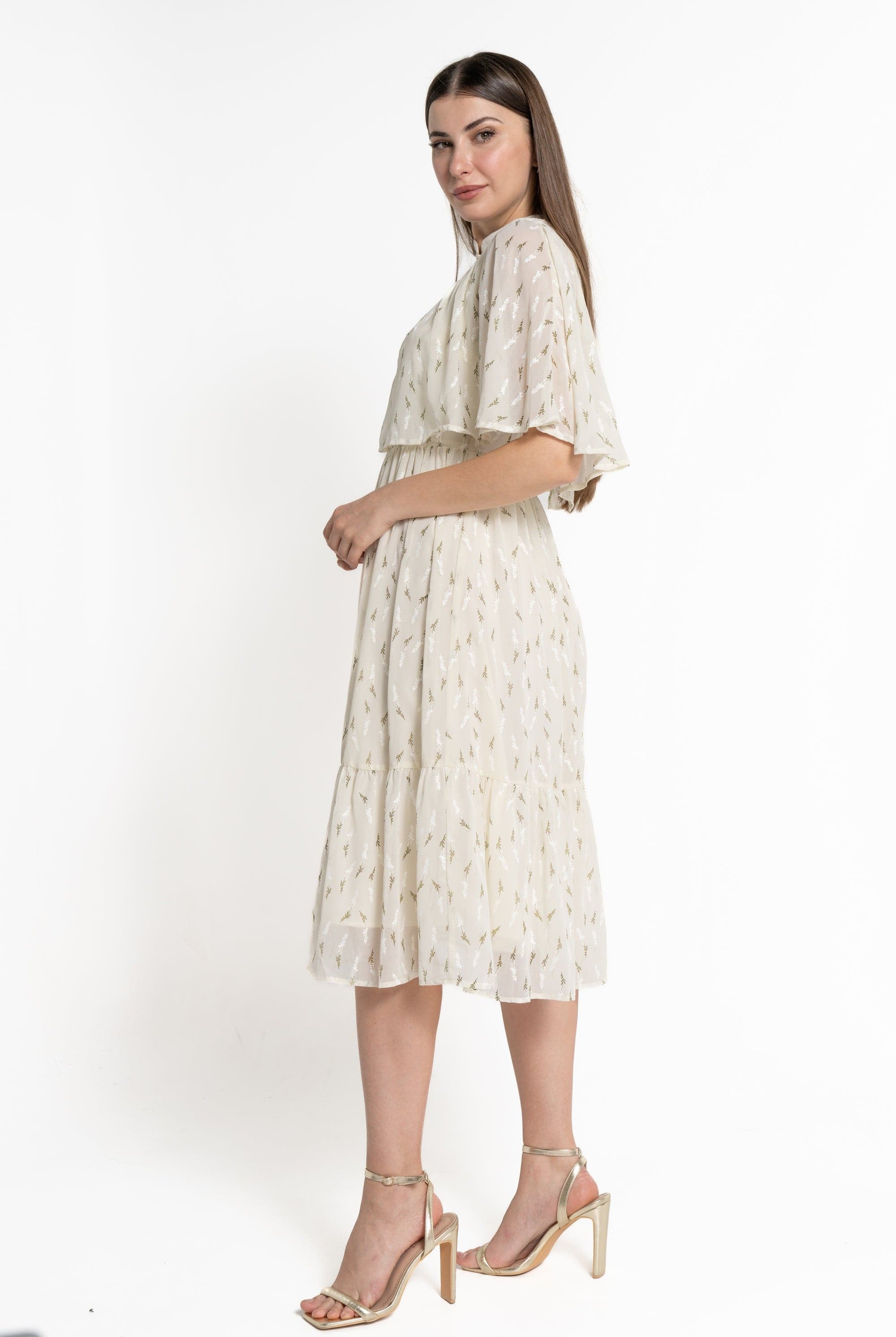 ميكا فستان ميدي بأكمام قصيرة مشجرة نسائي كريمي