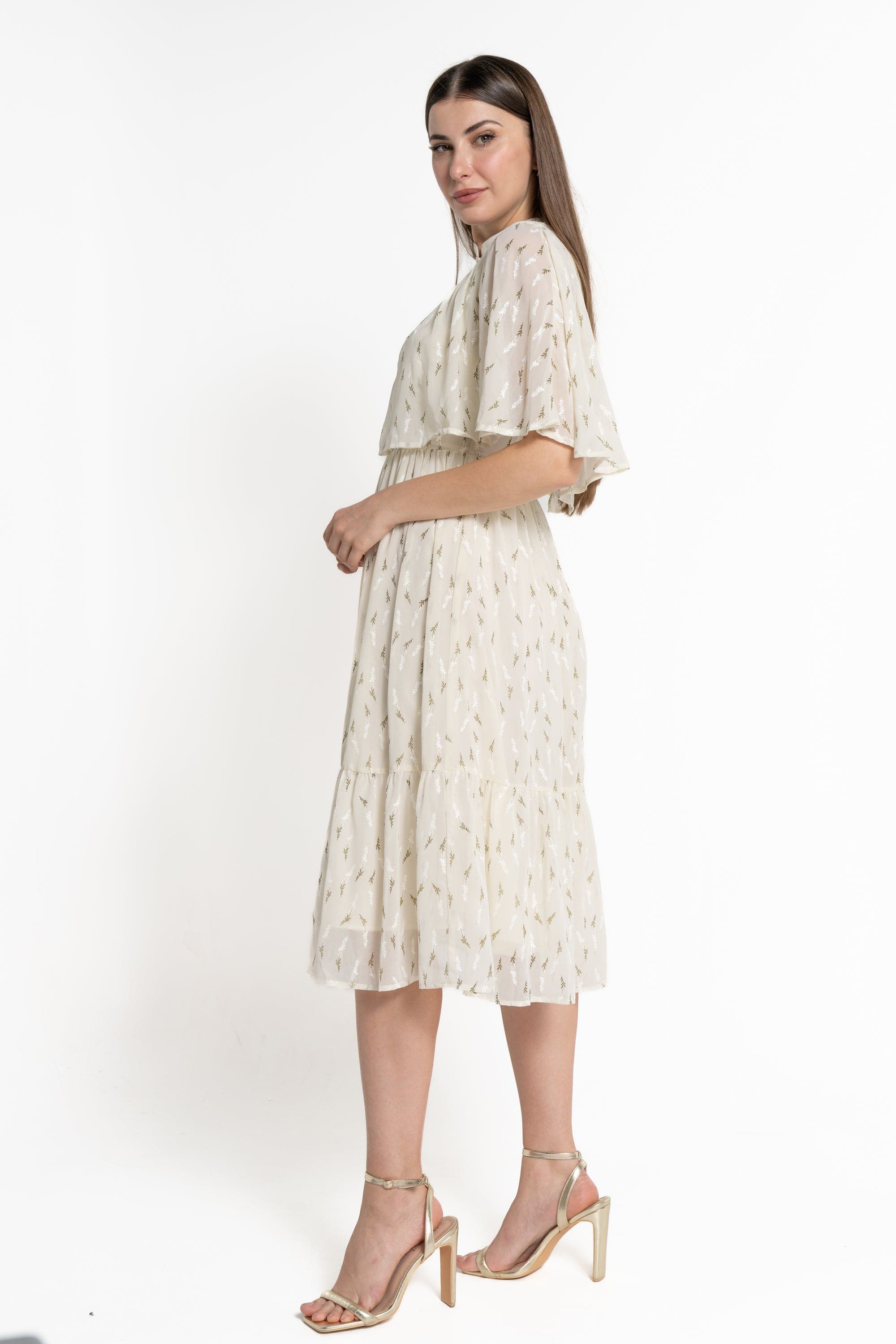 ميكا فستان ميدي بأكمام قصيرة مشجرة نسائي كريمي