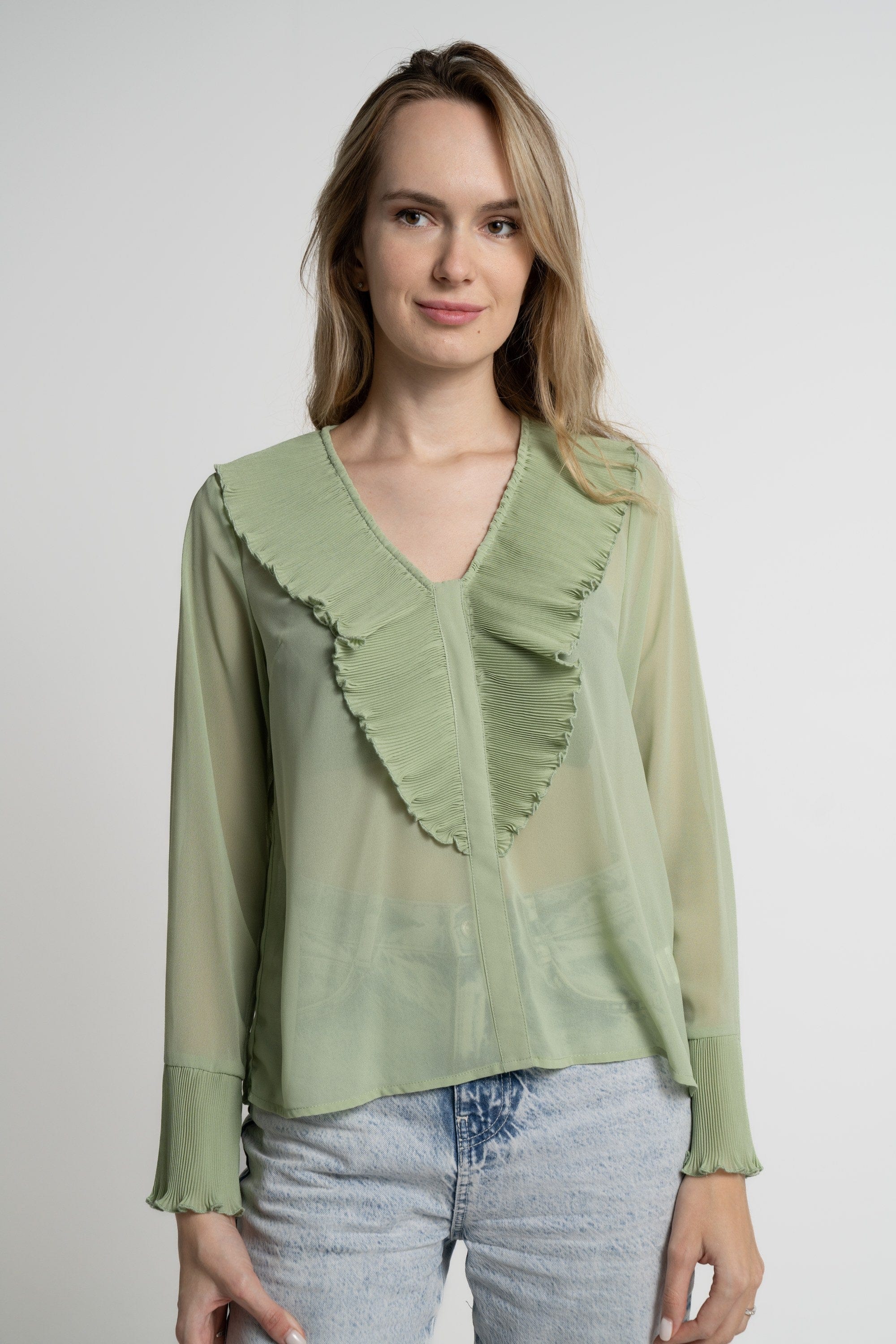 ميكا بلوزة بأكمام طويلة نسائية شفافة بكرانيش على الصدر