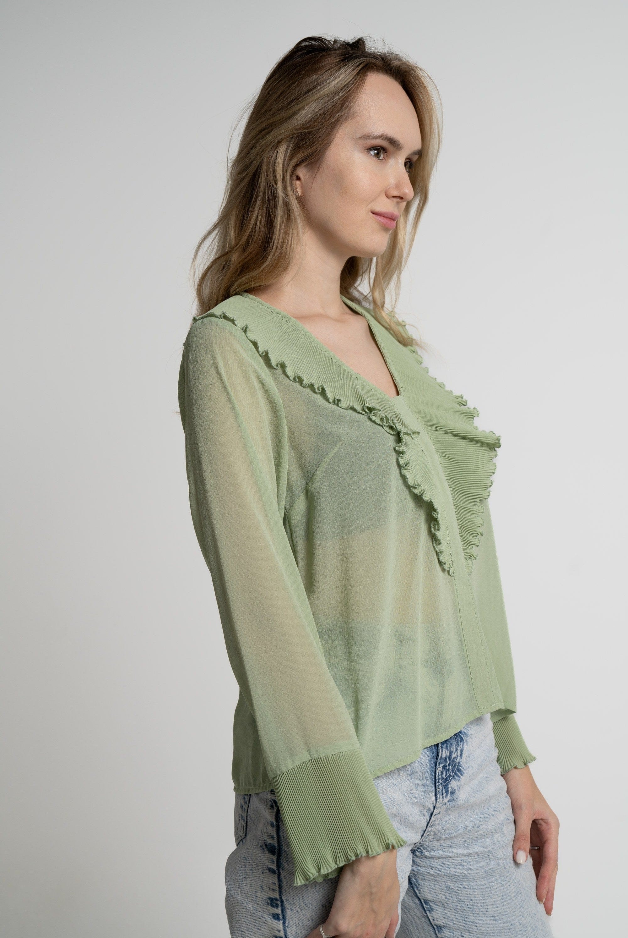 ميكا بلوزة بأكمام طويلة نسائية شفافة بكرانيش على الصدر