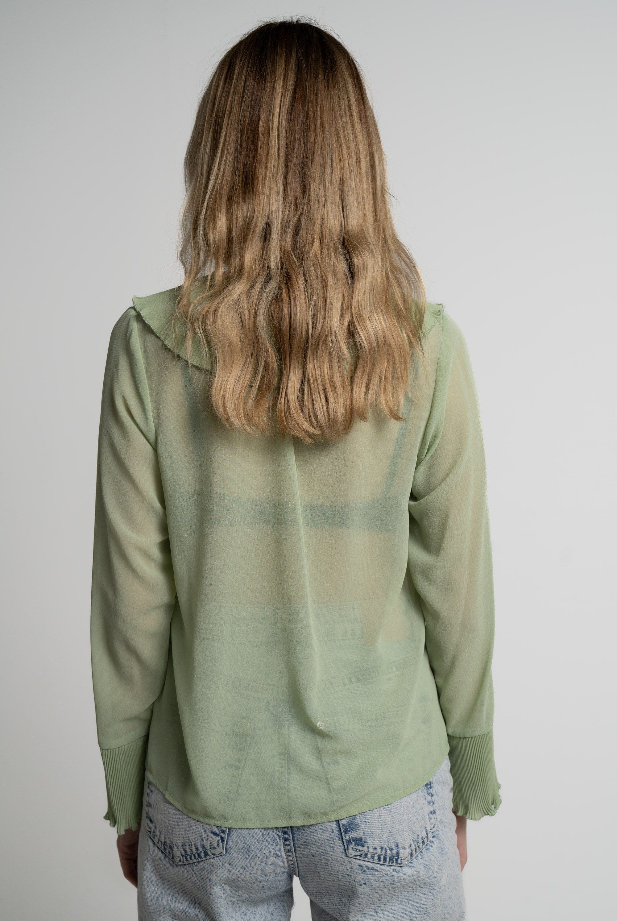 ميكا بلوزة بأكمام طويلة نسائية شفافة بكرانيش على الصدر