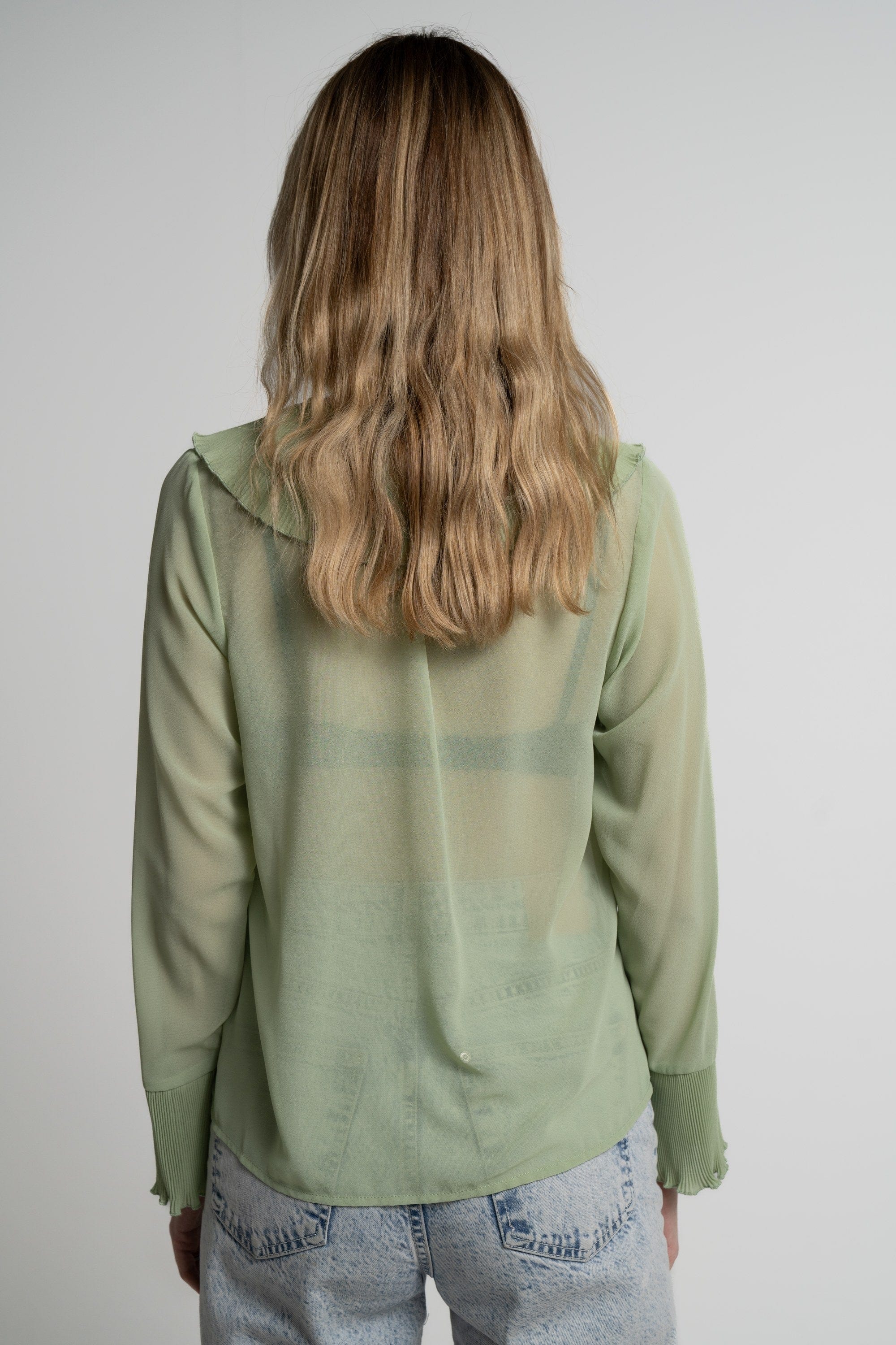 ميكا بلوزة بأكمام طويلة نسائية شفافة بكرانيش على الصدر