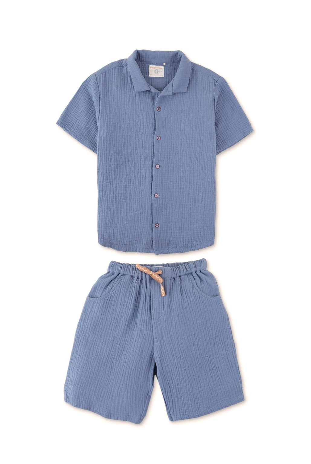 جينجرسنابس طقم شورت ولادي وقميص مضلع نص كم أزرق