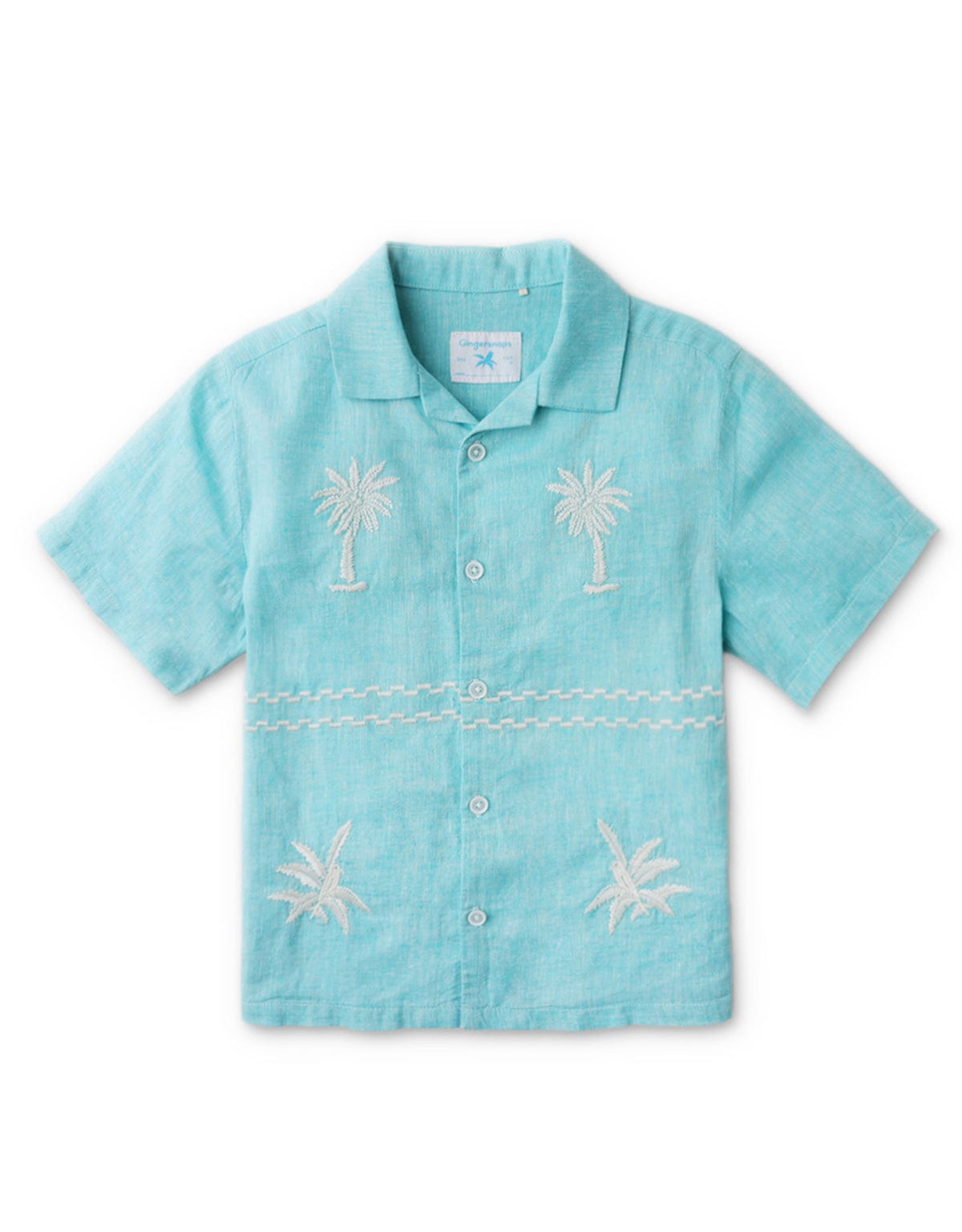 جينجرسنابس قميص نص كم مطرز بالخيط بأزرار أمامية نص كم وياقة ولادي أزرق فيروزي