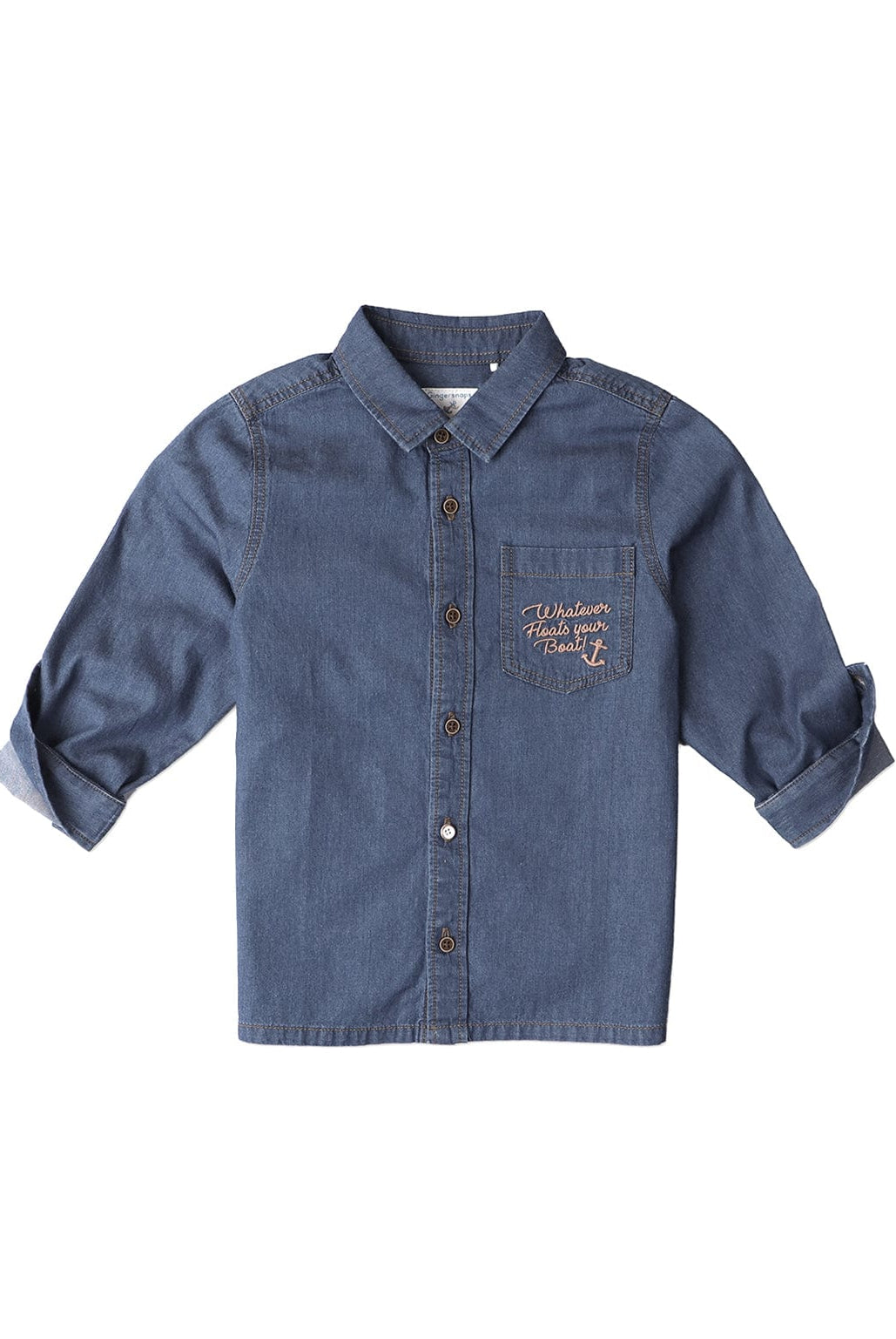 جينجرسنابس قميص بولو جينز ولادي كم طويل بأزرار أمامية أزرق