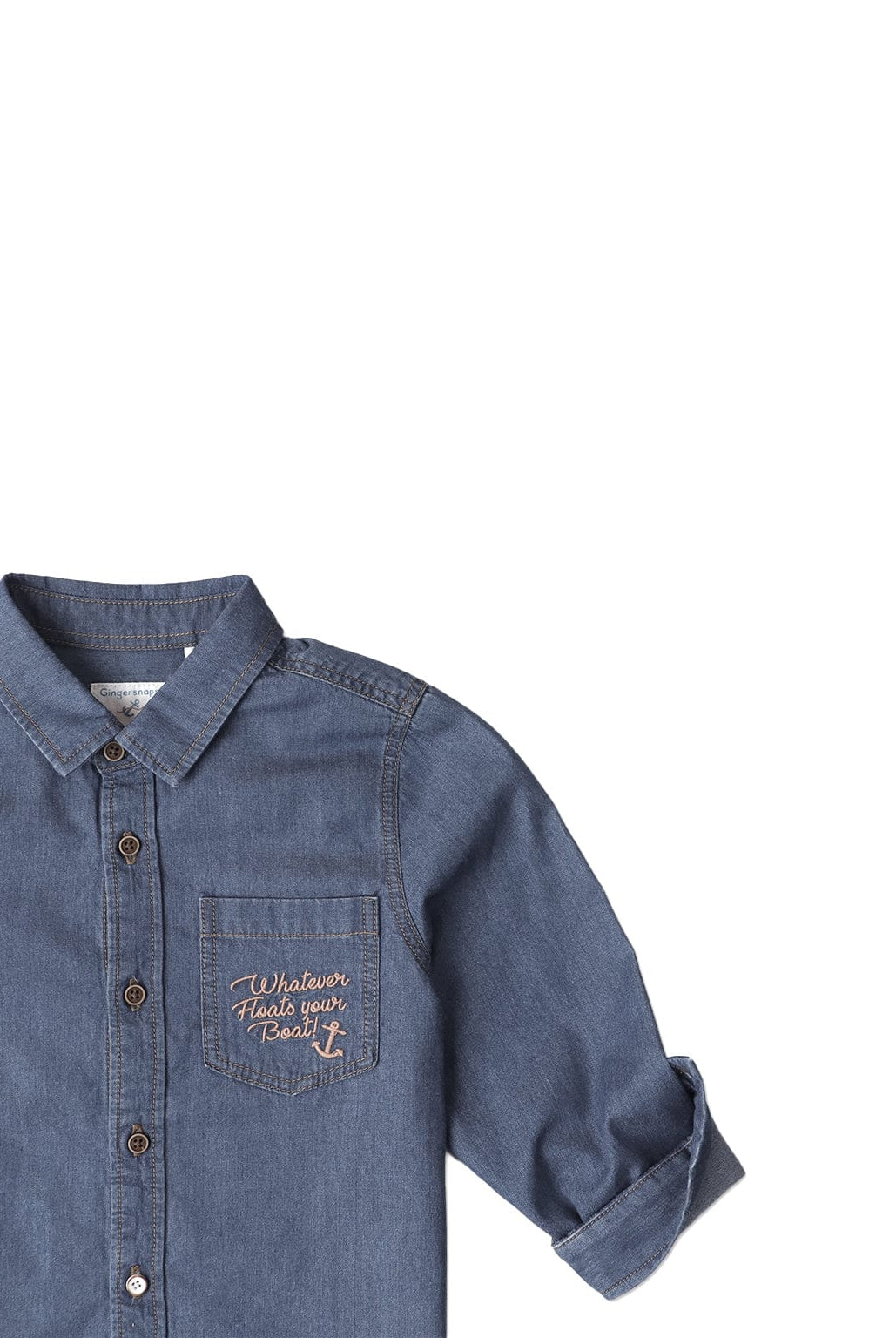 جينجرسنابس قميص بولو جينز ولادي كم طويل بأزرار أمامية أزرق