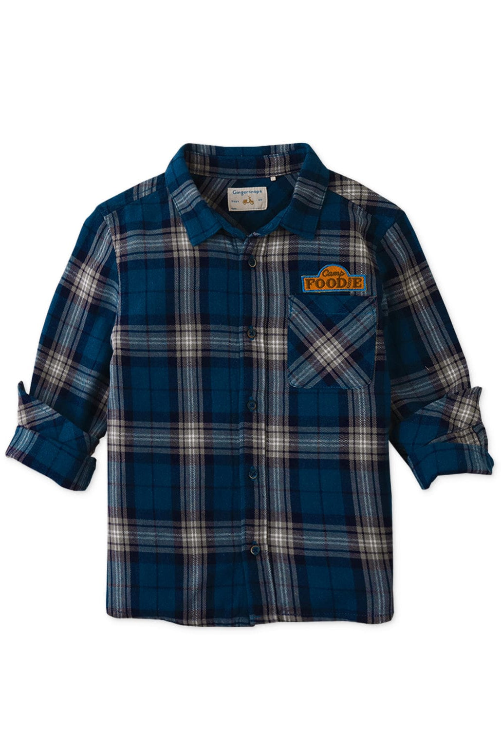 جينجرسنابس قميص كاروهات بأزرار أمامية كم طويل ولادي أزرق