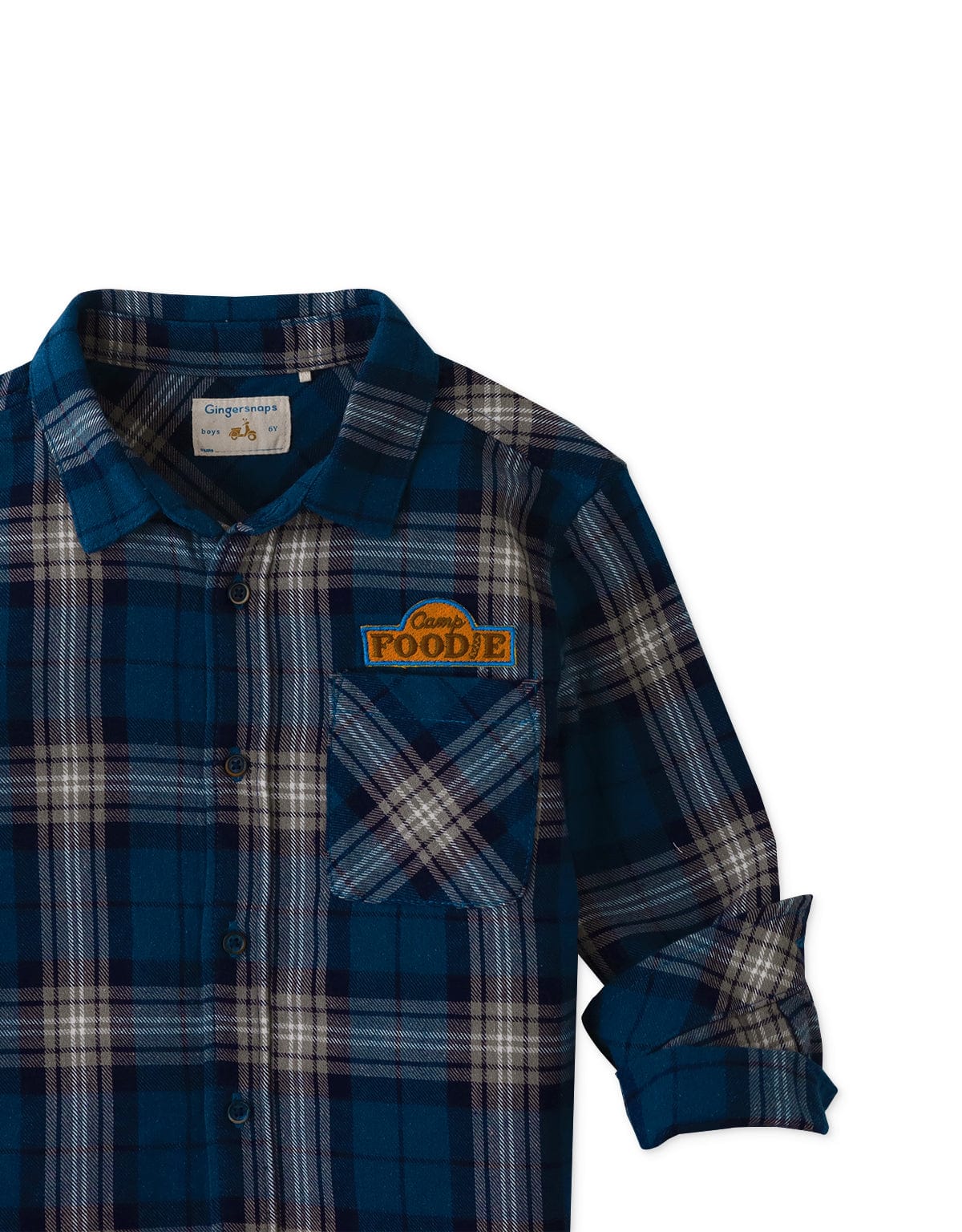 جينجرسنابس قميص كاروهات بأزرار أمامية كم طويل ولادي أزرق