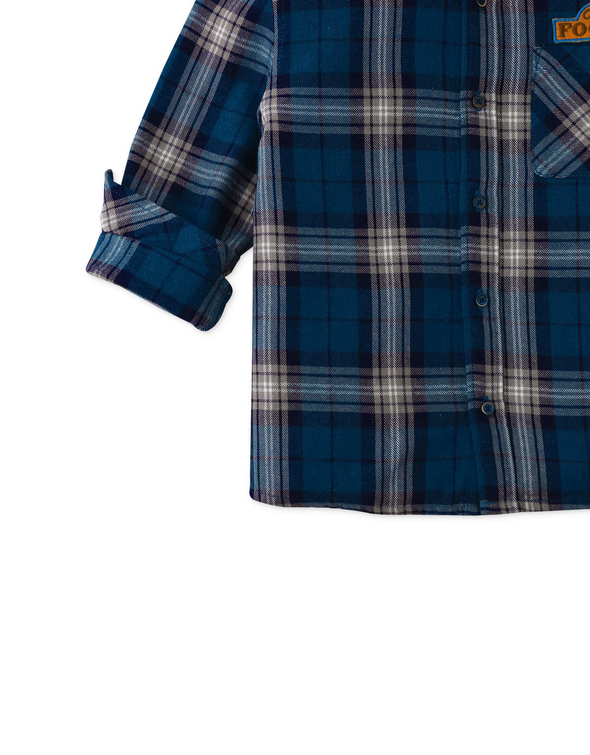 جينجرسنابس قميص كاروهات بأزرار أمامية كم طويل ولادي أزرق