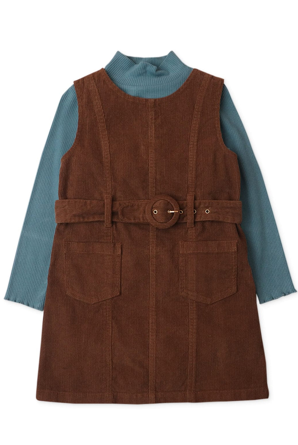 جينجرسنابس طقم فستان أطفال بناتي مضلع بدون أكمام وبلوزة كم طويل بني