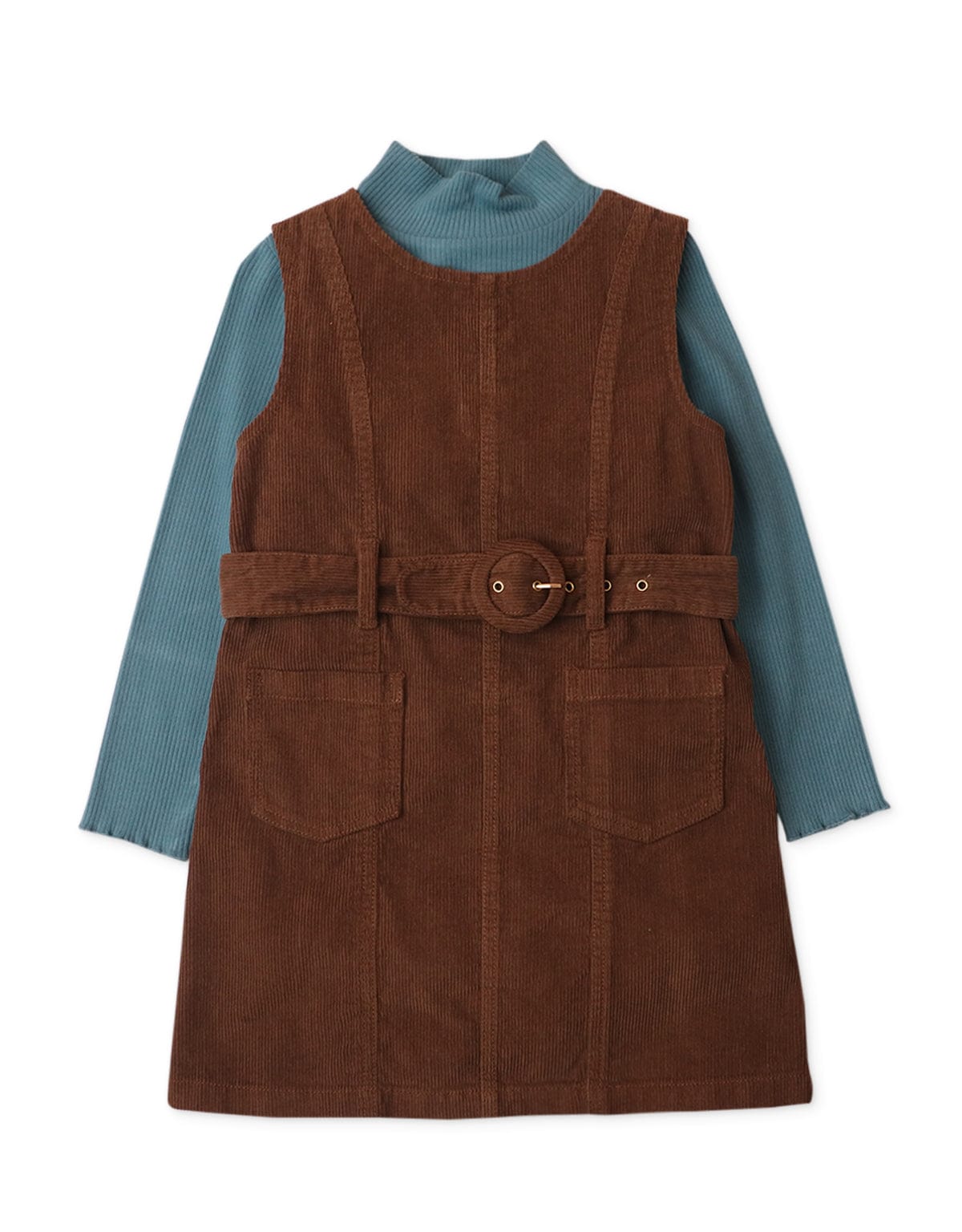 جينجرسنابس طقم فستان أطفال بناتي مضلع بدون أكمام وبلوزة كم طويل بني