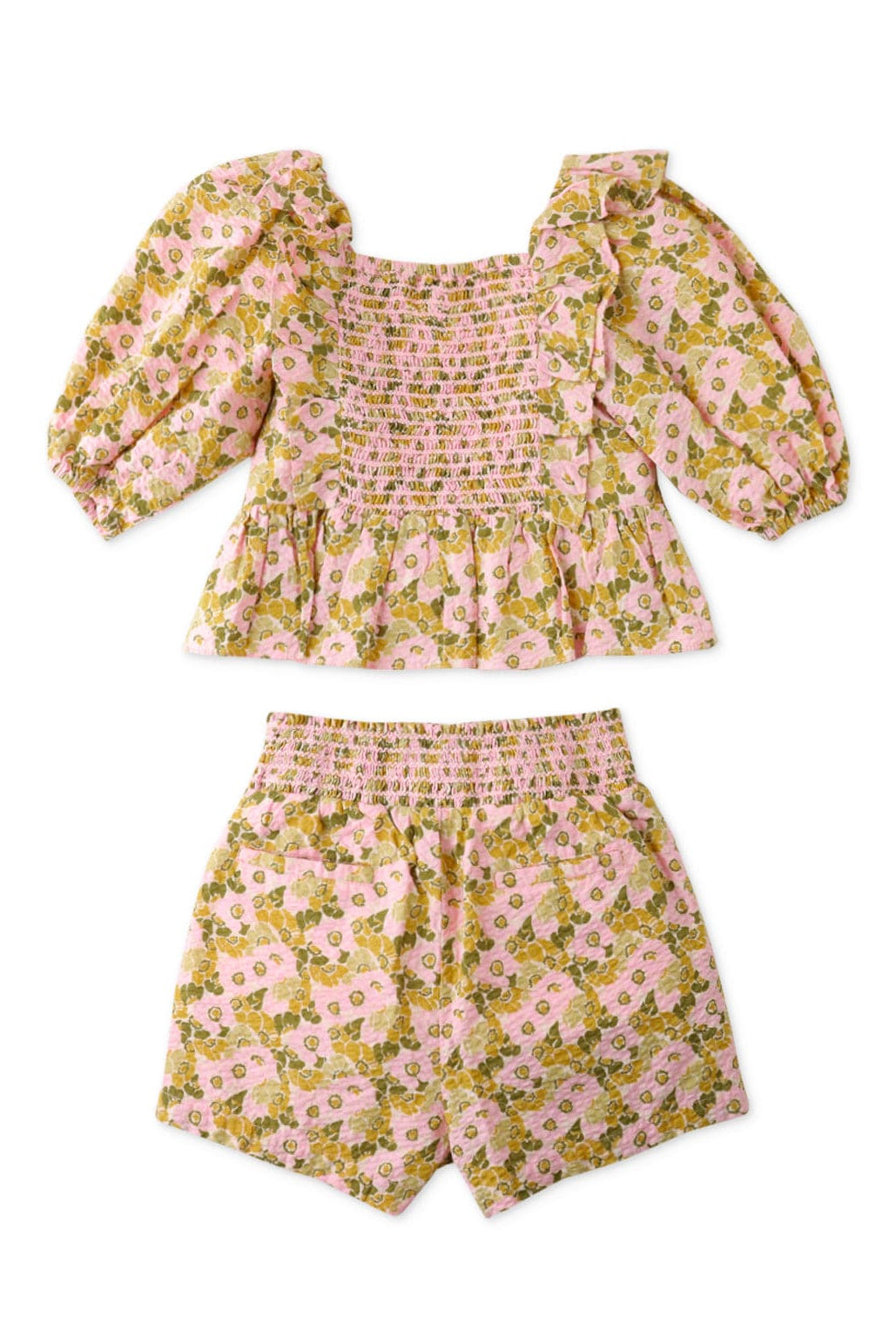 جينجرسنابس طقم شورت بناتي وبلوزة نص كم بف منقوشة ورود متعدد الألوان