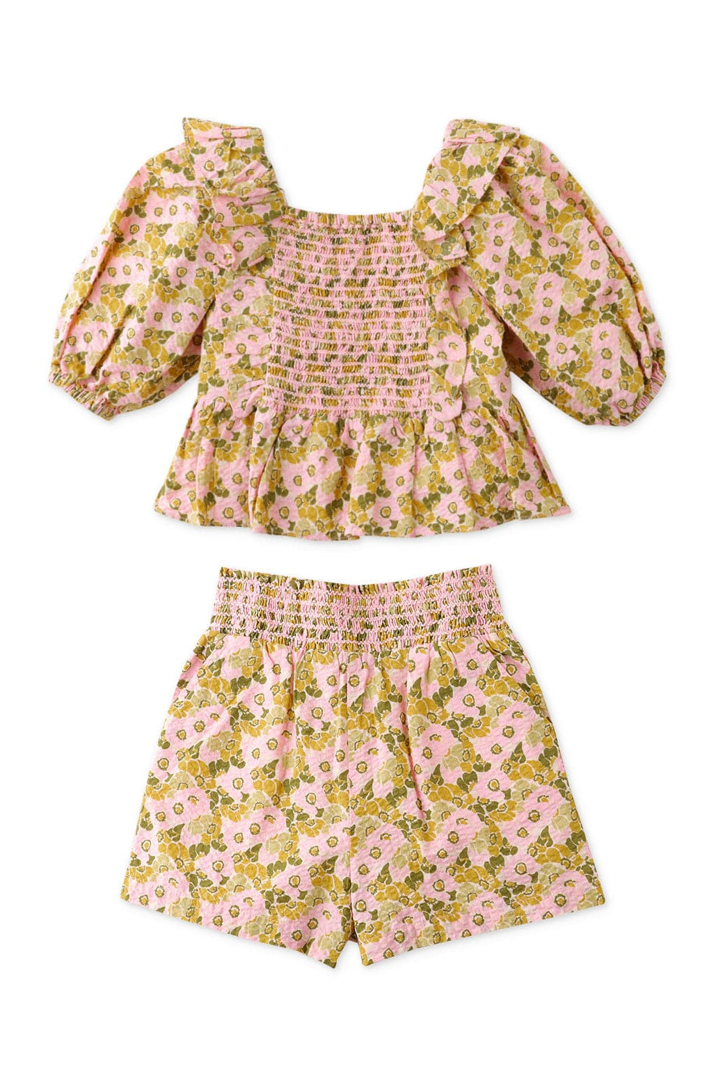 جينجرسنابس طقم شورت بناتي وبلوزة نص كم بف منقوشة ورود متعدد الألوان