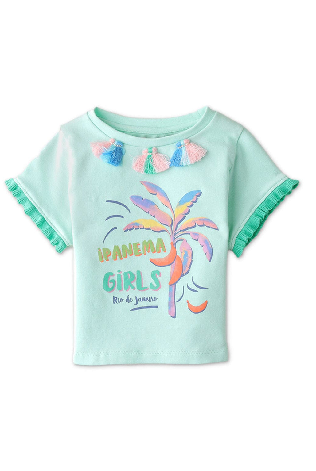 جينجرسنابس تي شيرت بناتي بطبعة على الصدر نص كم أزرق مائل للأخضر