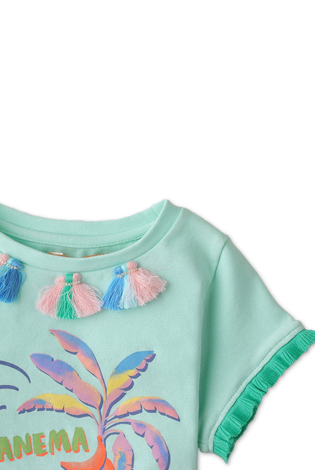 جينجرسنابس تي شيرت بناتي بطبعة على الصدر نص كم أزرق مائل للأخضر