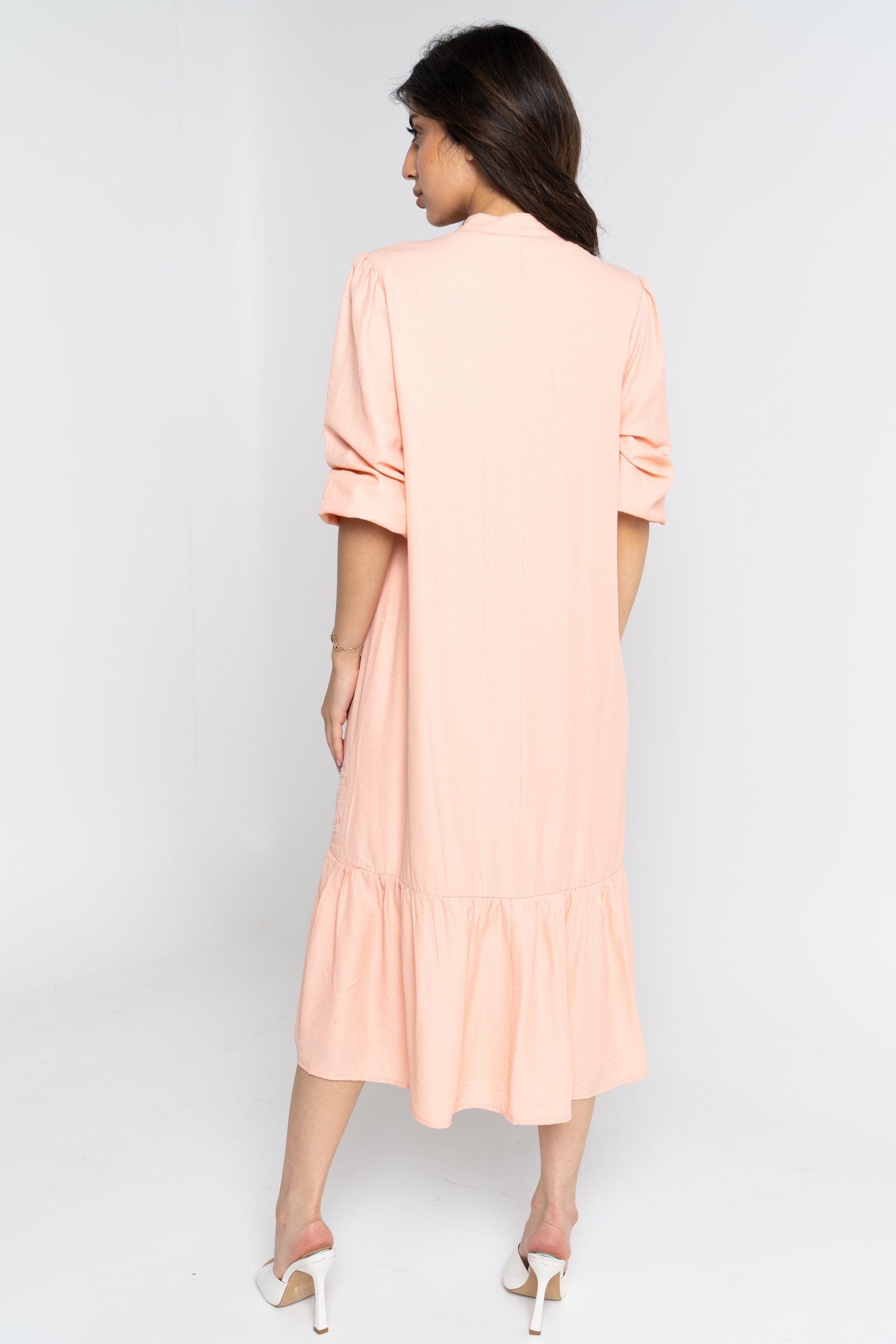 نتشي فستان ميدي 3/4 كم سادة واسع بفتحة سبعة ونصف ياقة