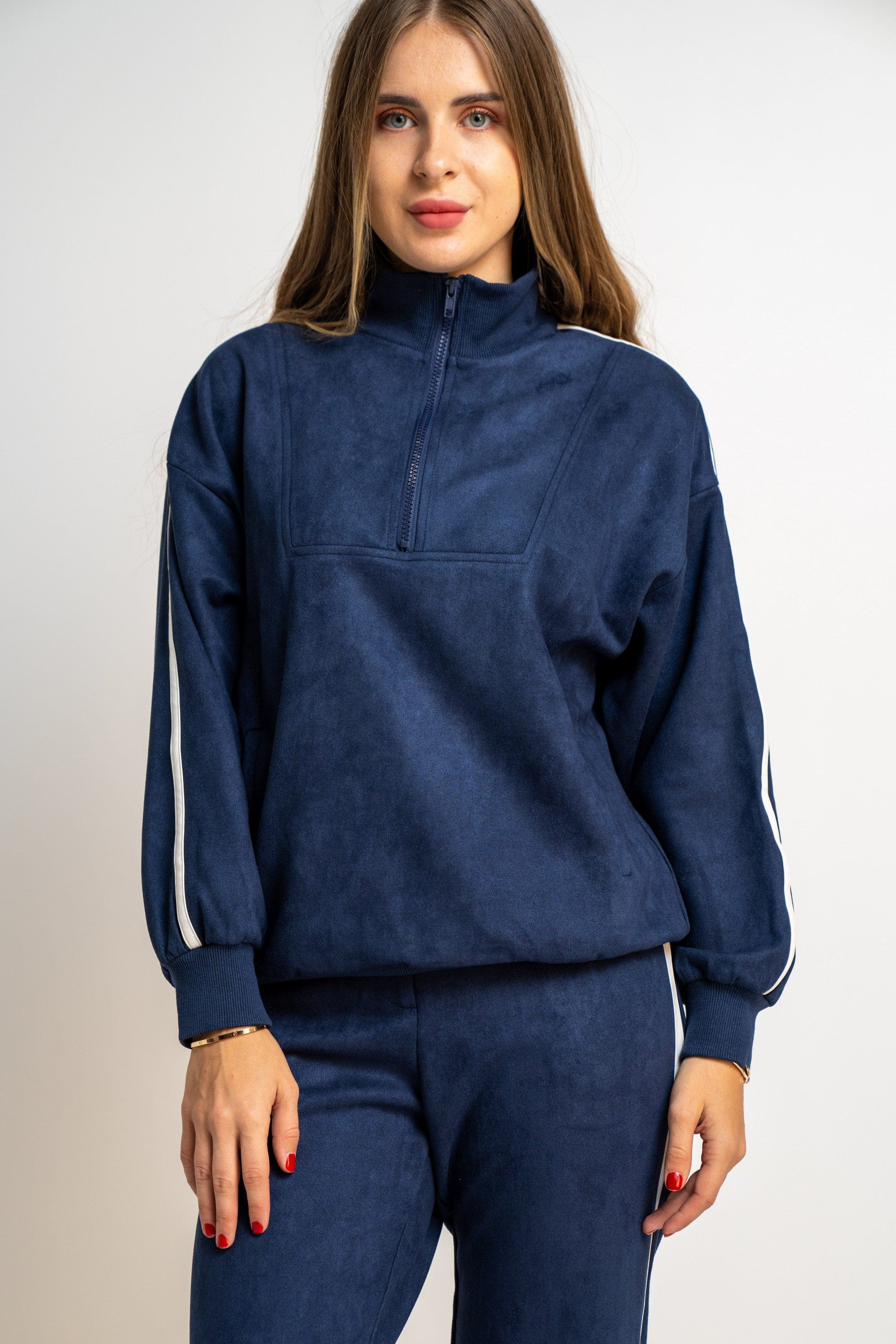 نتشي بلوفر بسحاب كم طويل نسائي أزرق داكن