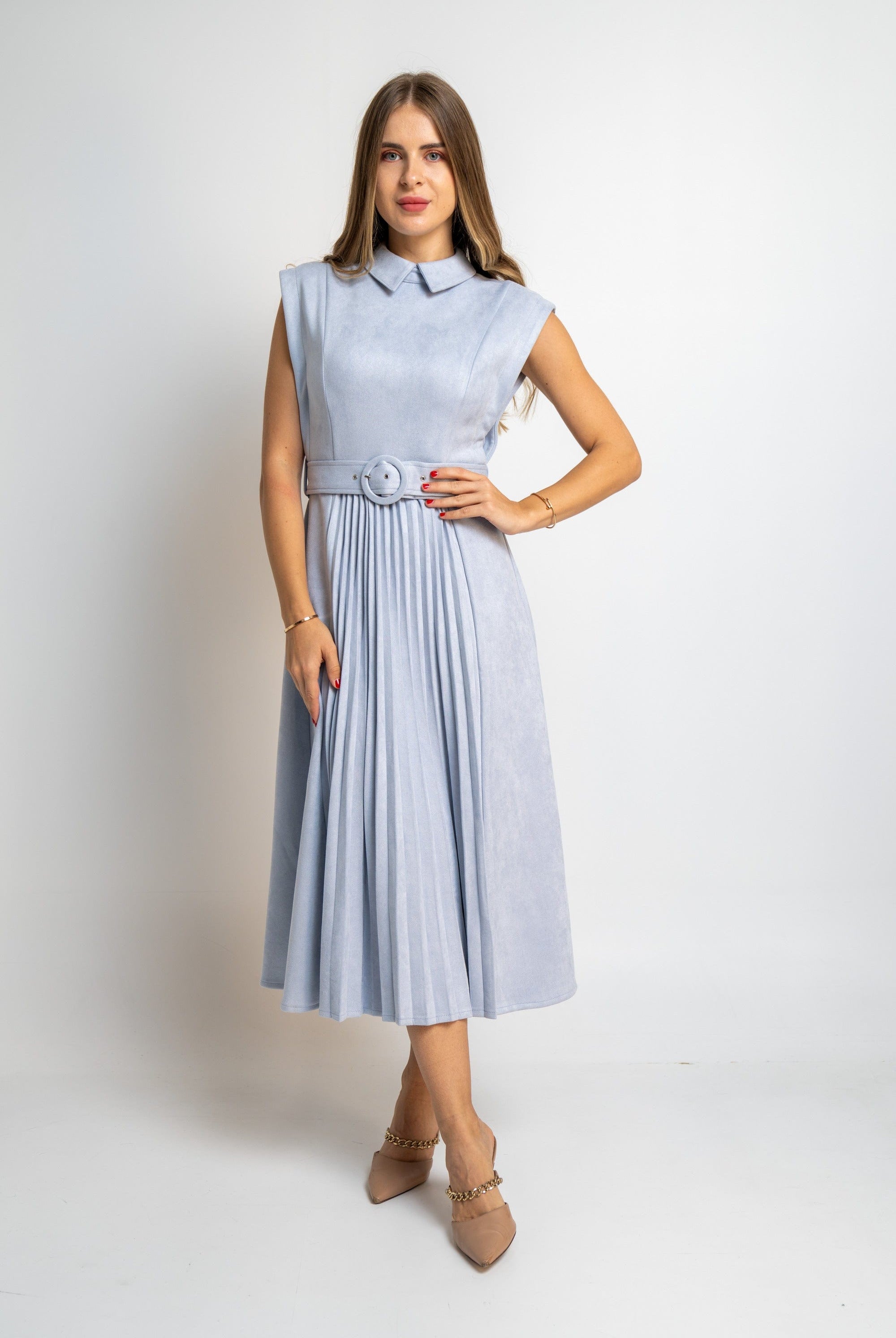 نتشي فستان سادة ميدي كت منفوش بحزام وياقة نسائي