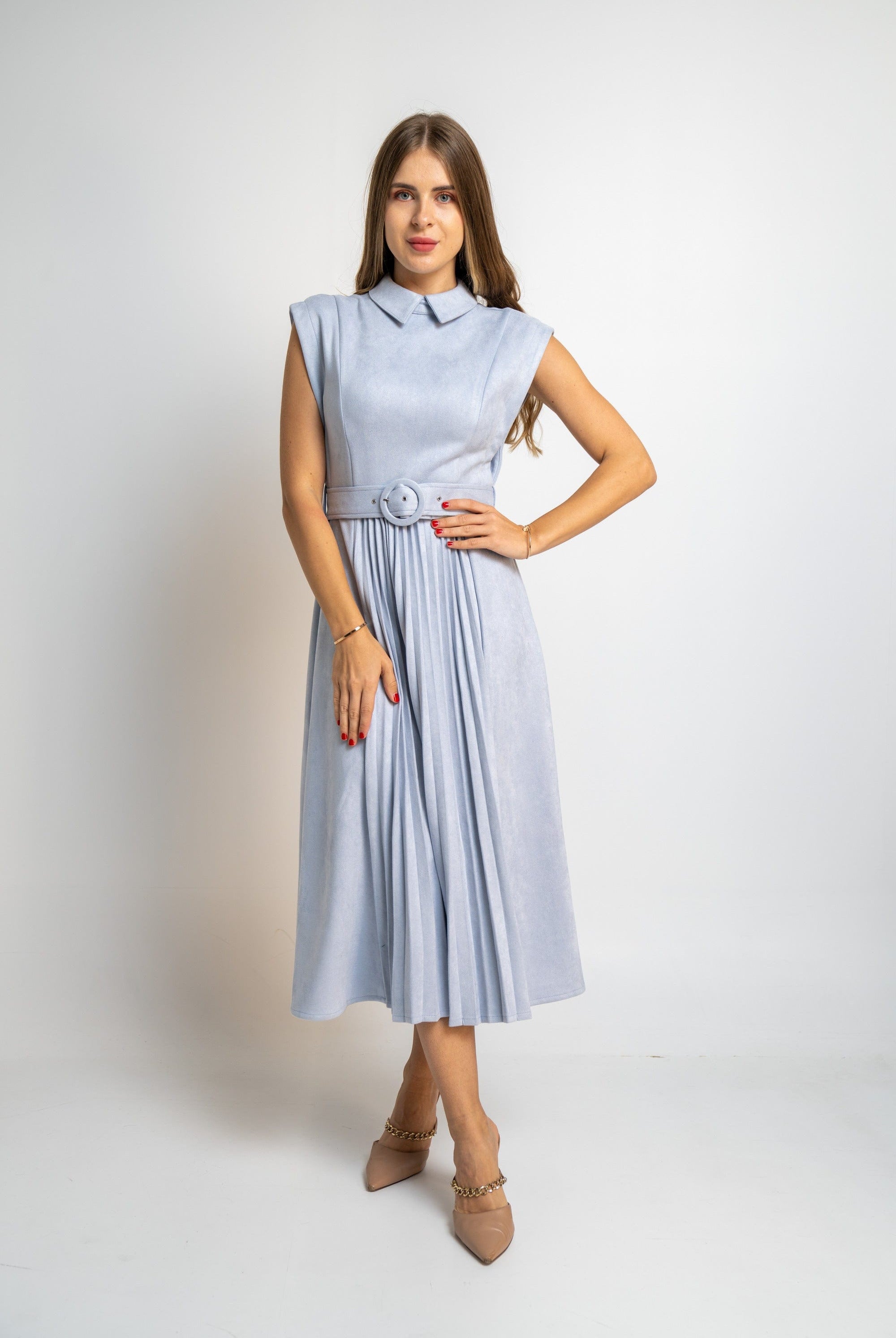 نتشي فستان سادة ميدي كت منفوش بحزام وياقة نسائي