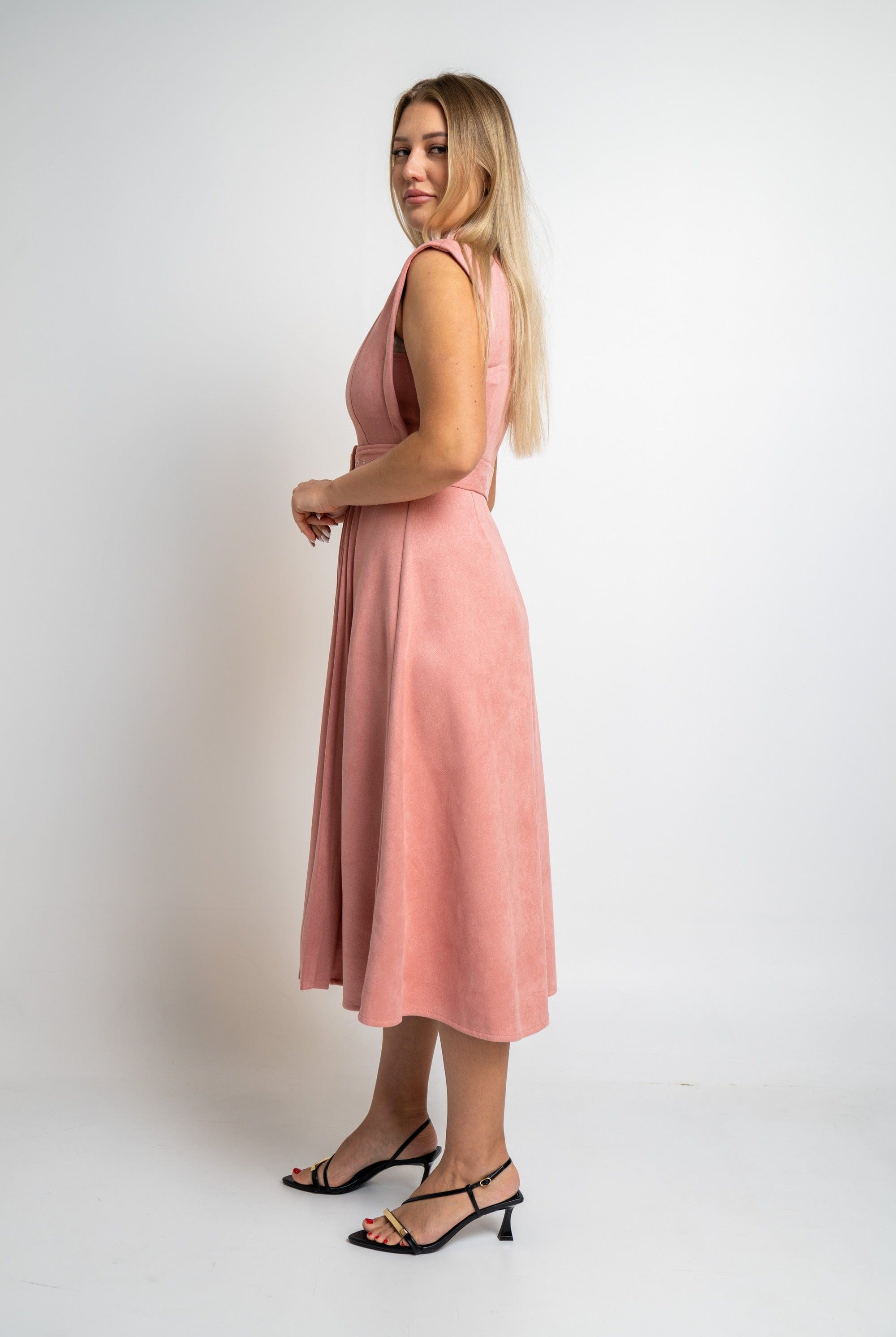 نتشي فستان سادة ميدي كت منفوش بحزام وياقة نسائي