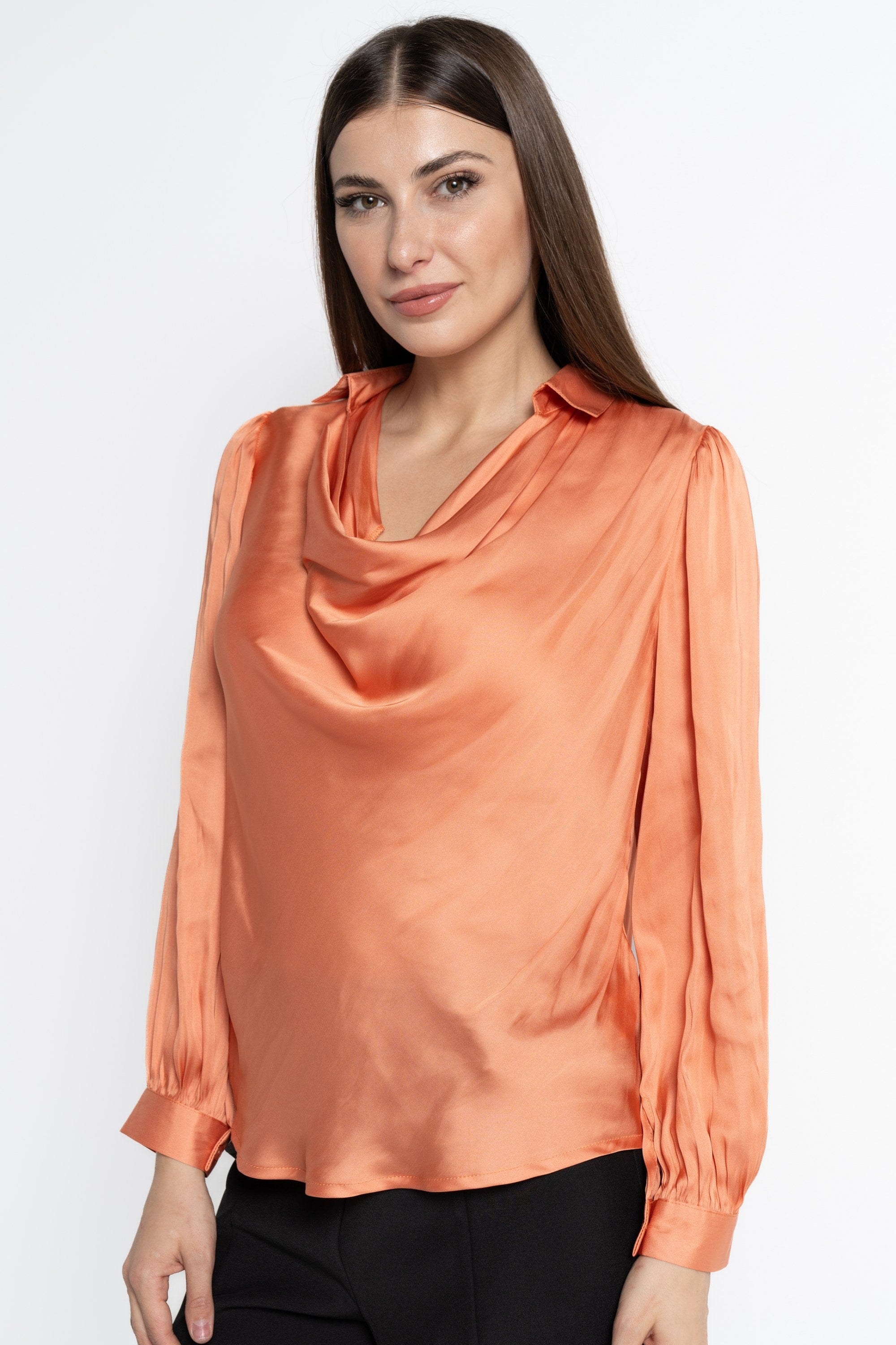 نتشي بلوزة بأكمام طويلة نسائية ناعمة بياقة صغيرة برتقالي