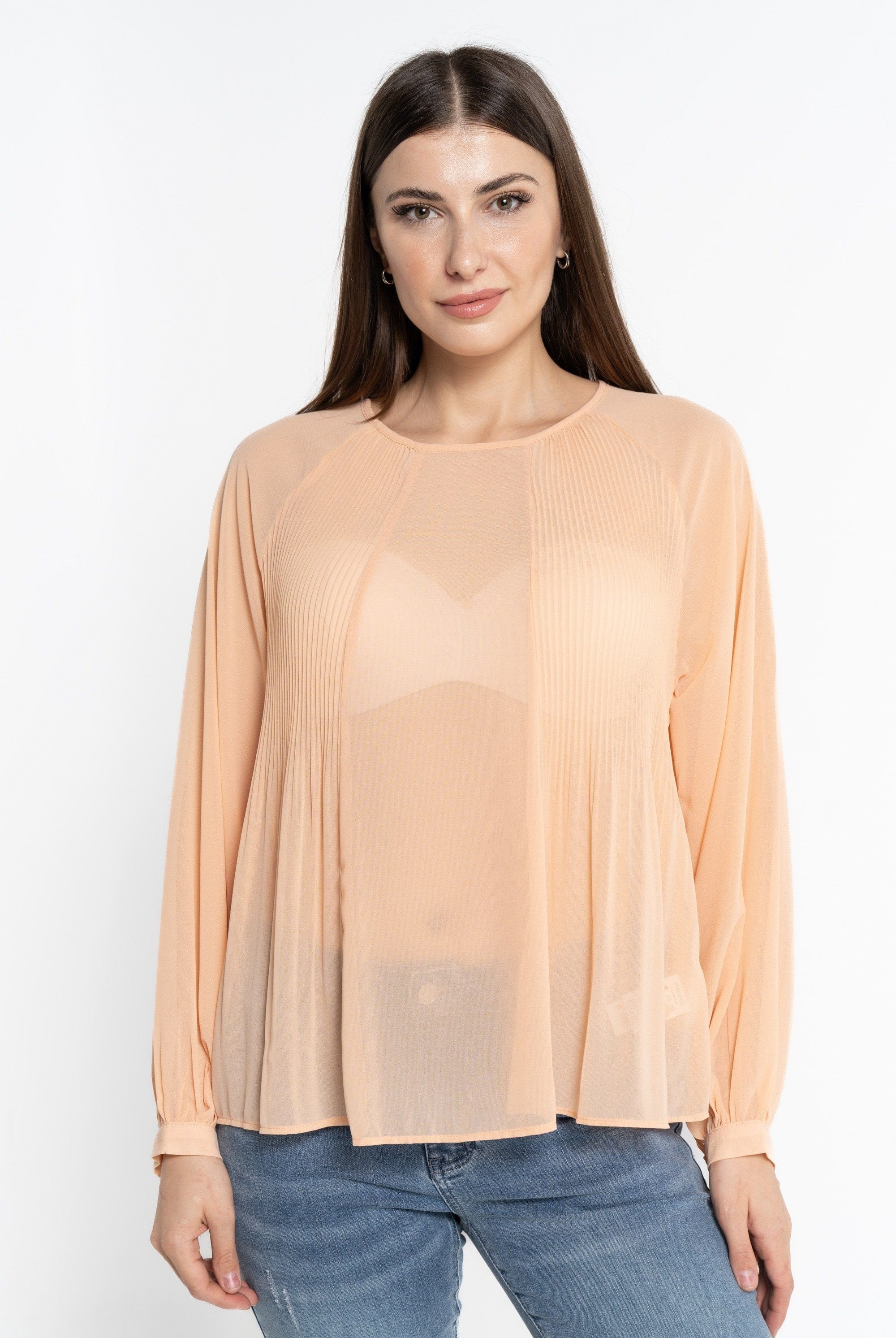 نتشي بلوزة بأكمام طويلة نسائية شفافة بليسية