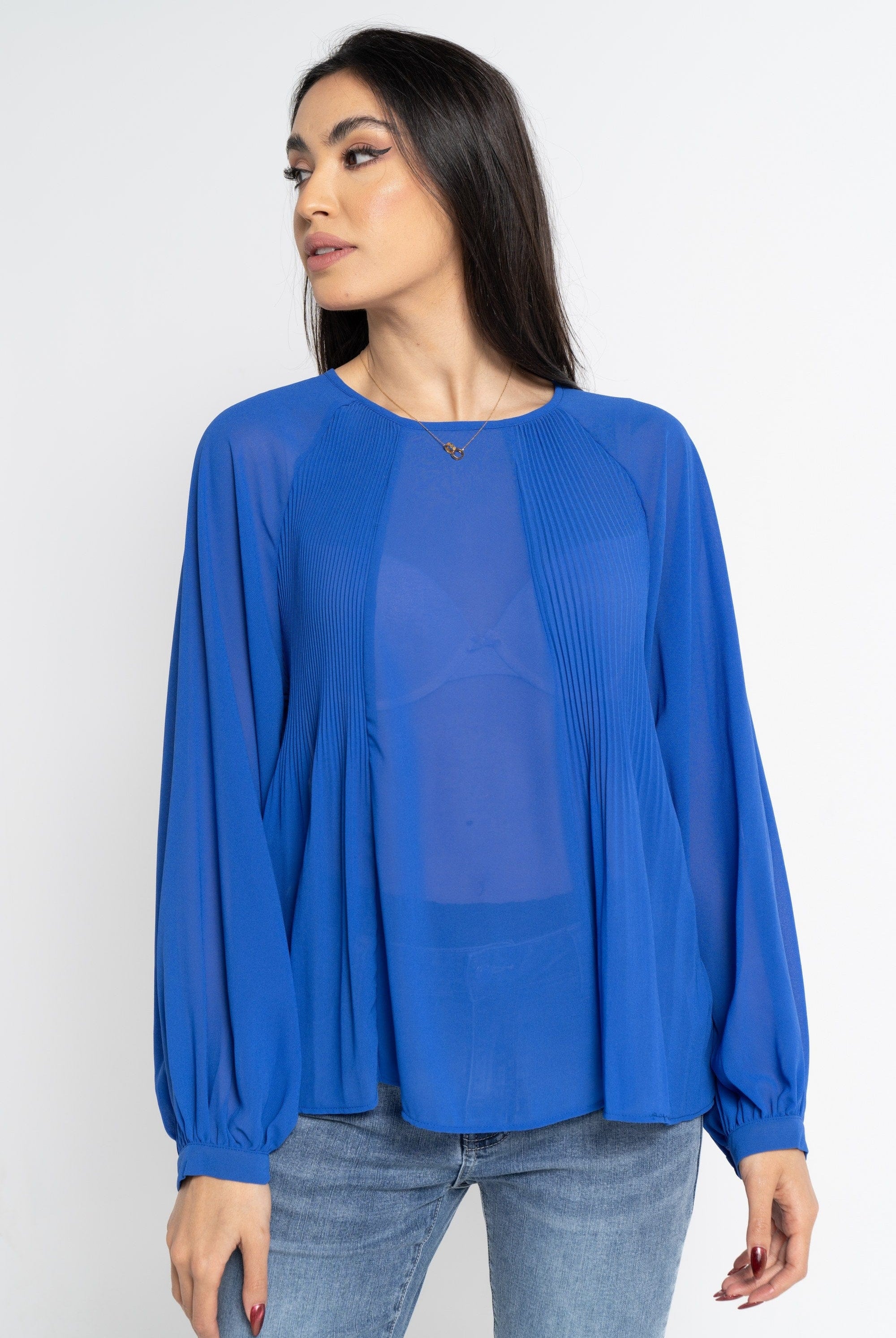 نتشي بلوزة بأكمام طويلة نسائية شفافة بليسية