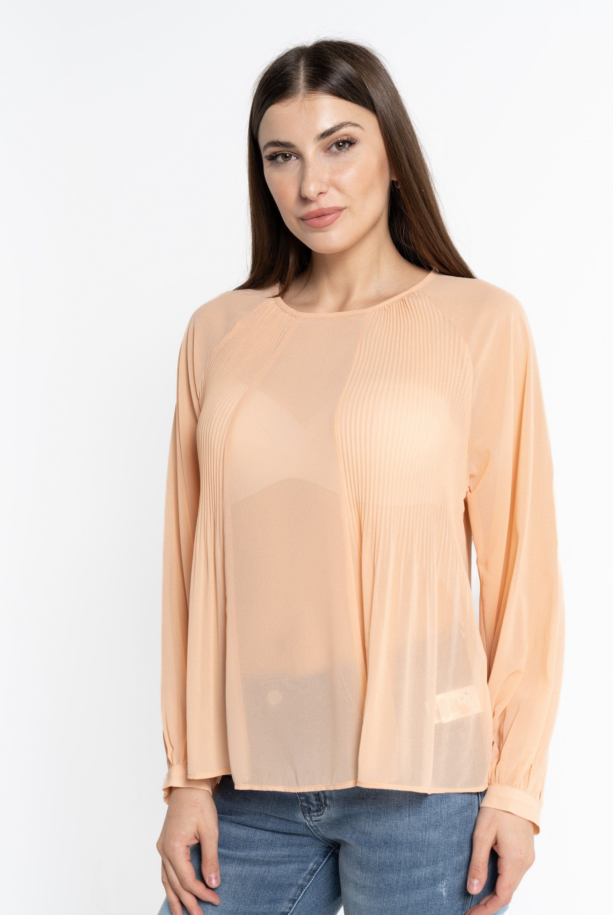 نتشي بلوزة بأكمام طويلة نسائية شفافة بليسية