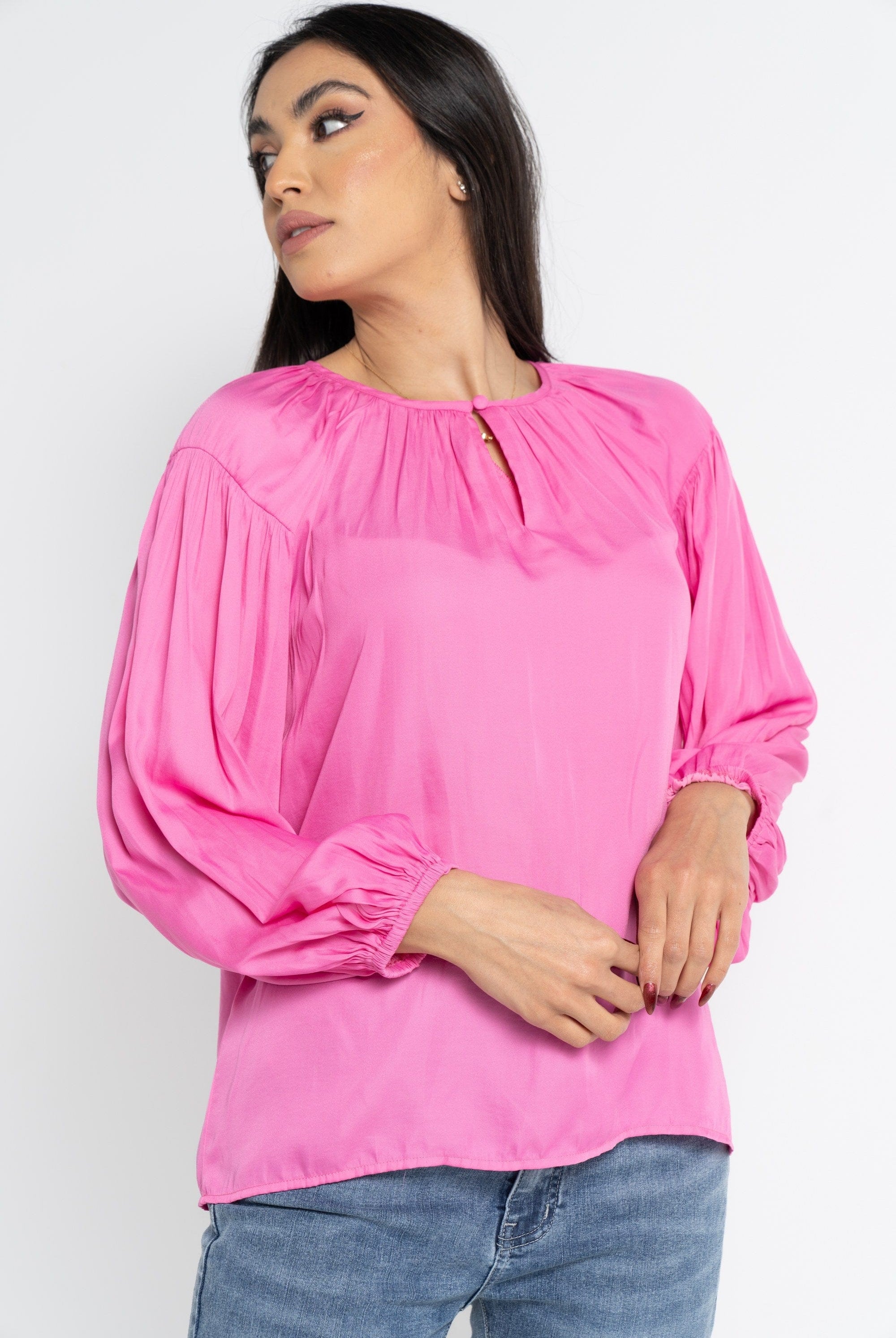 نتشي بلوزة بأكمام طويلة سادة بربطة بياقة دائرية نسائية