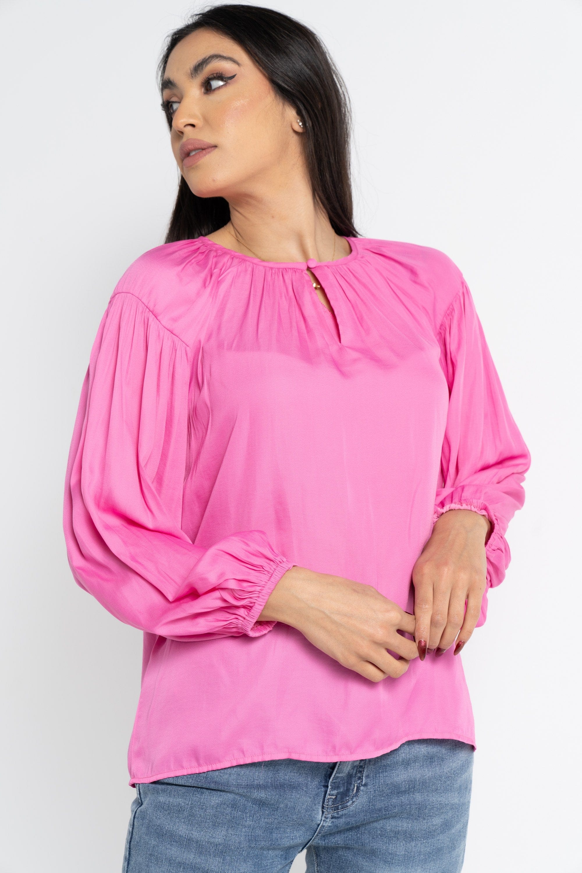 نتشي بلوزة بأكمام طويلة سادة بربطة بياقة دائرية نسائية