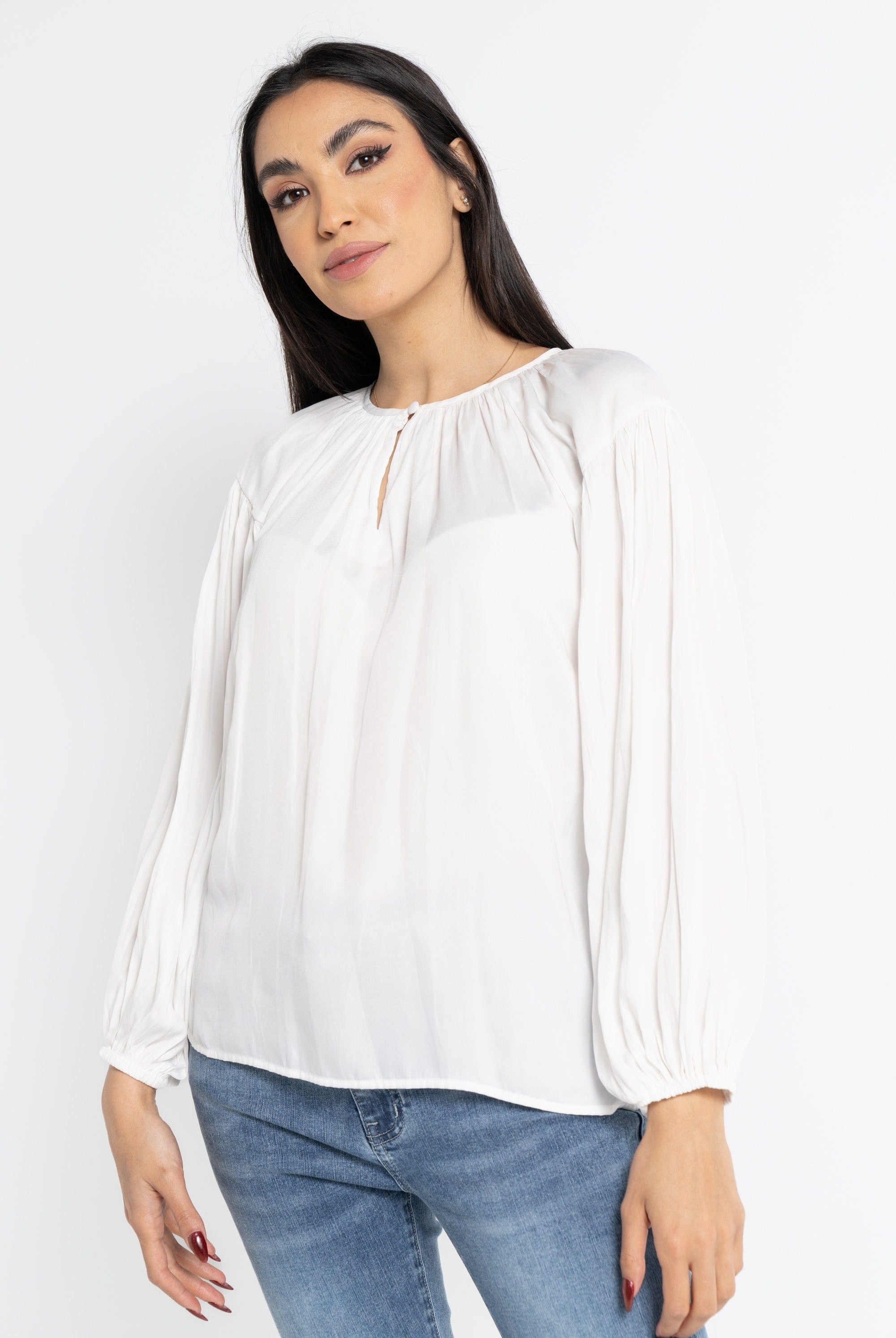 نتشي بلوزة بأكمام طويلة سادة بربطة بياقة دائرية نسائية