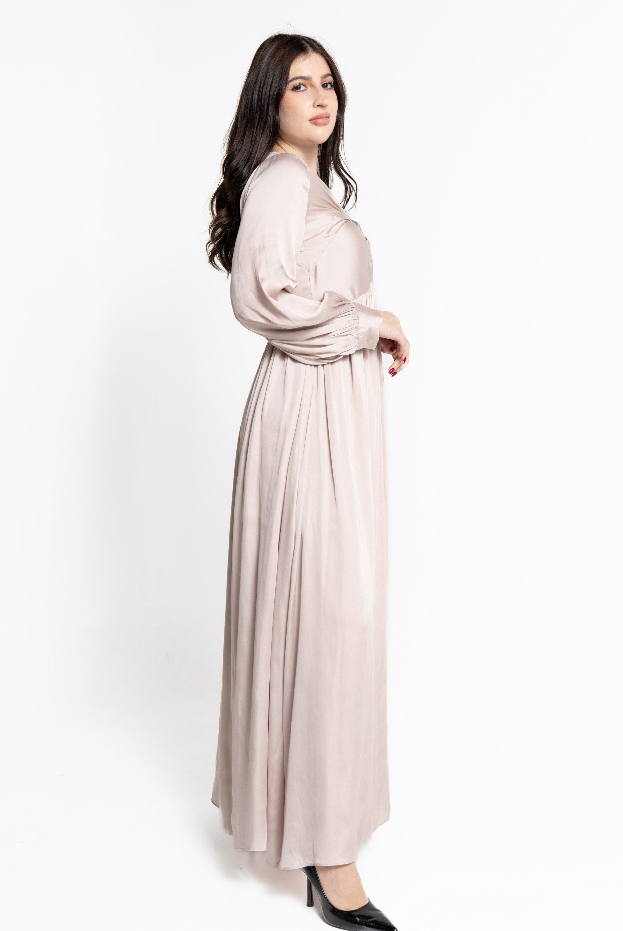 نتشي فستان طويل سادة كم طويل واسع بعقدة أمامية نسائي