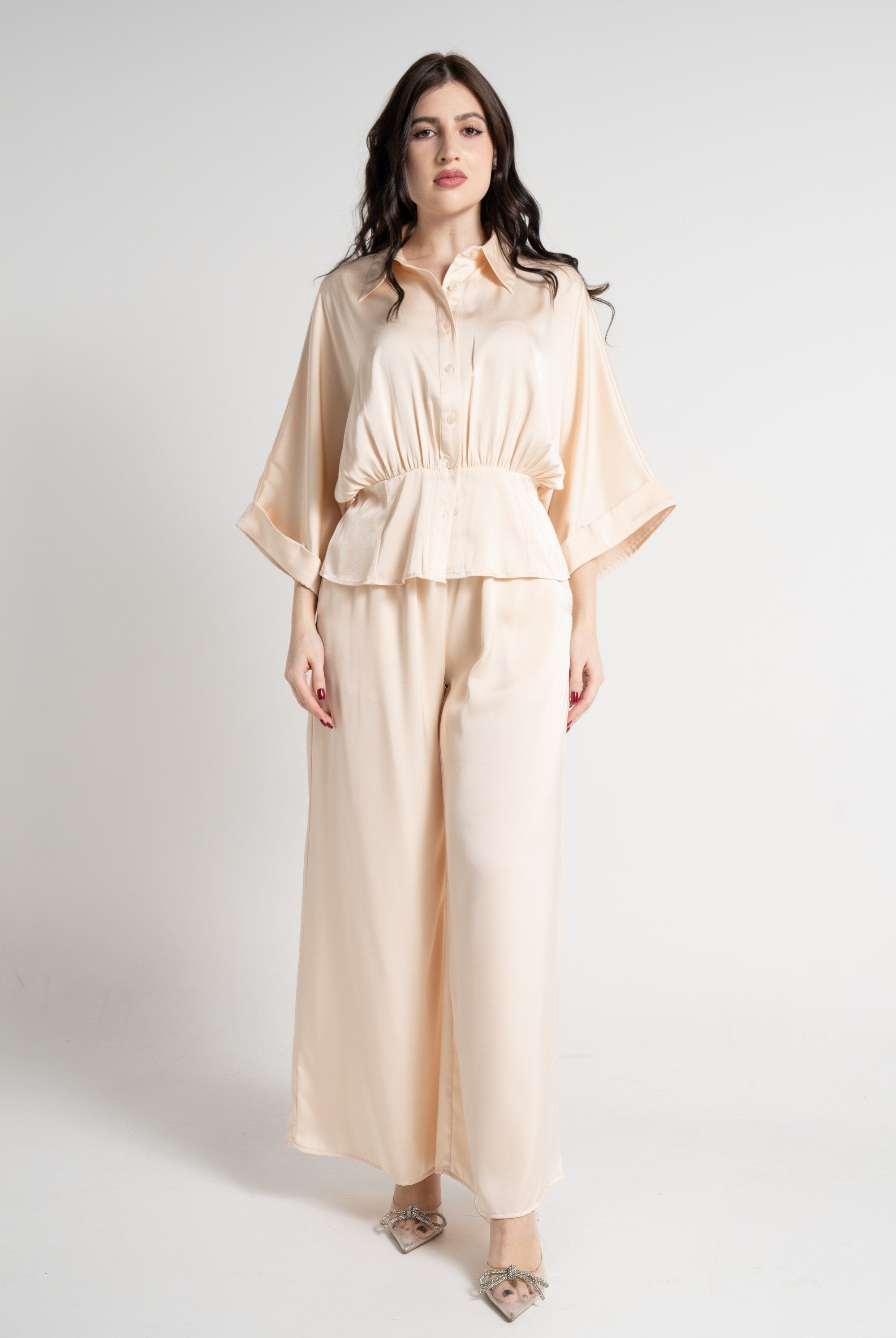 نتشي قميص بأكمام 3/4 سادة بأزرار أمامية نسائي