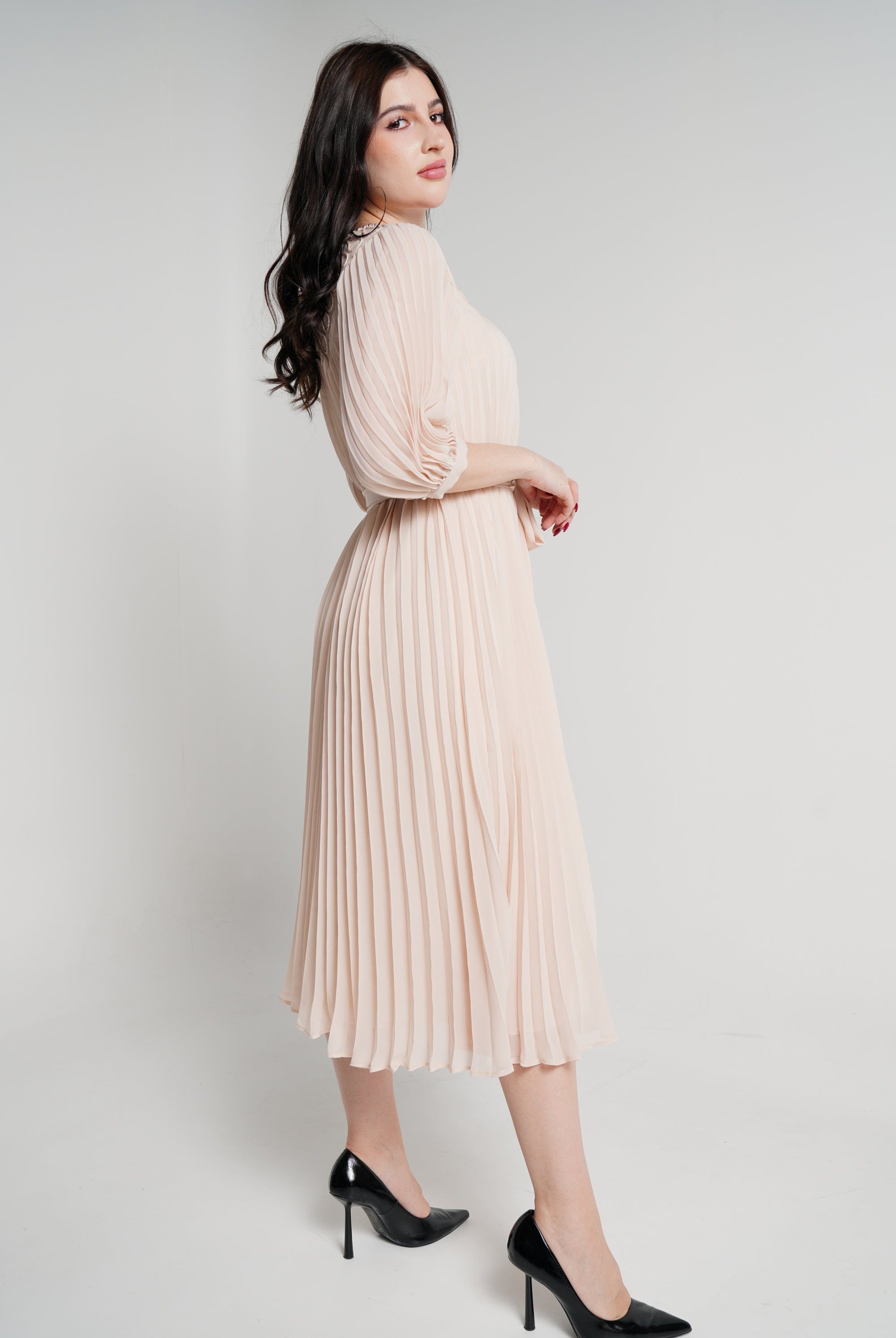 نتشي فستان ميدي بأكمام 3/4 سادة بكسرات نسائي