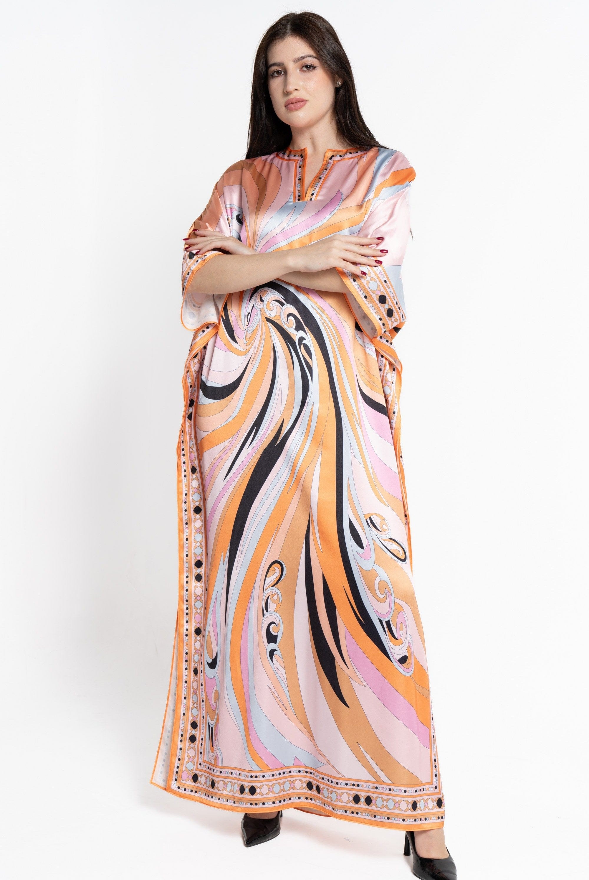 نتشي فستان ماكسي بأكمام فراشة منقوش واسع برتقالي