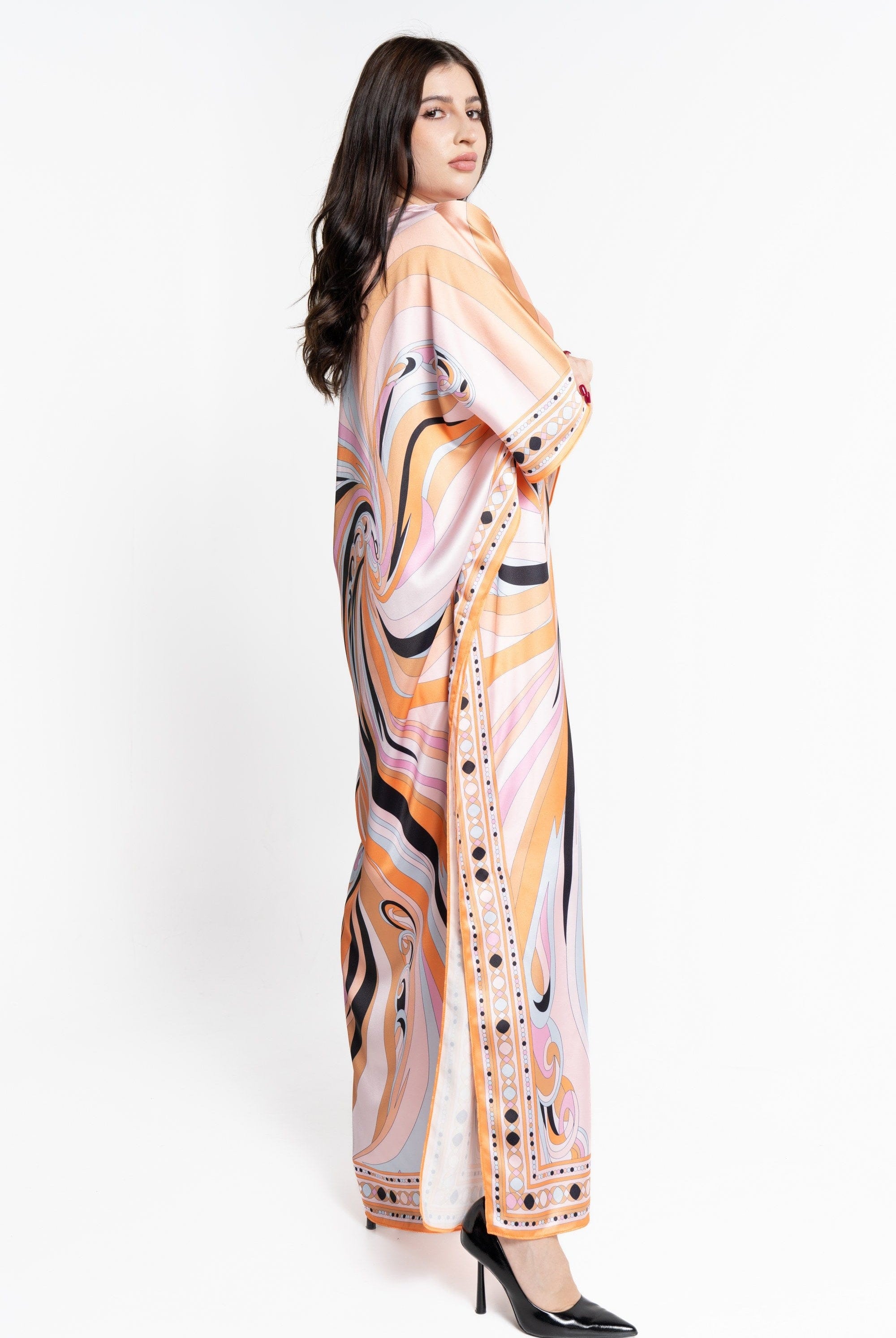 نتشي فستان ماكسي بأكمام فراشة منقوش واسع برتقالي