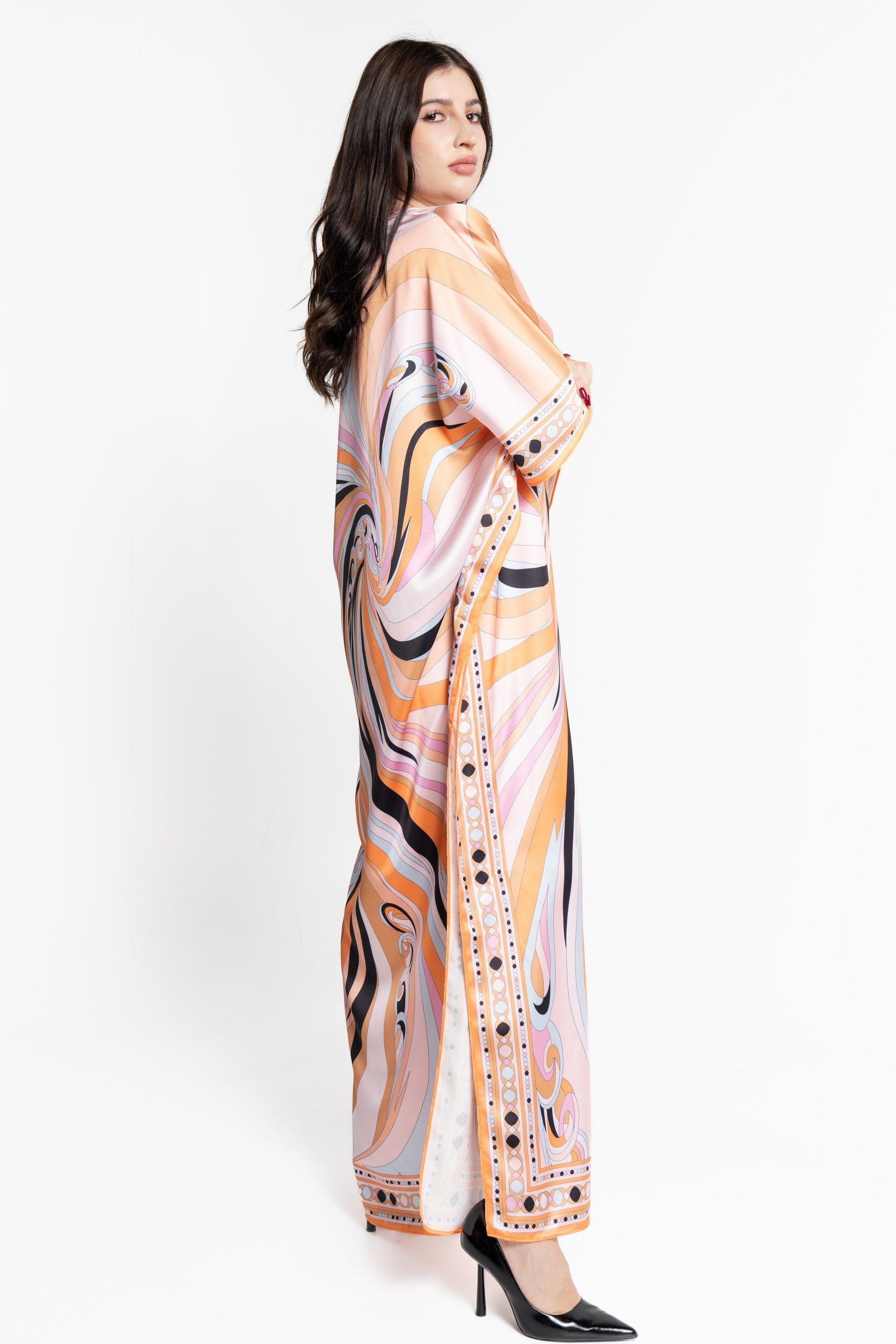 نتشي فستان ماكسي بأكمام فراشة منقوش واسع برتقالي