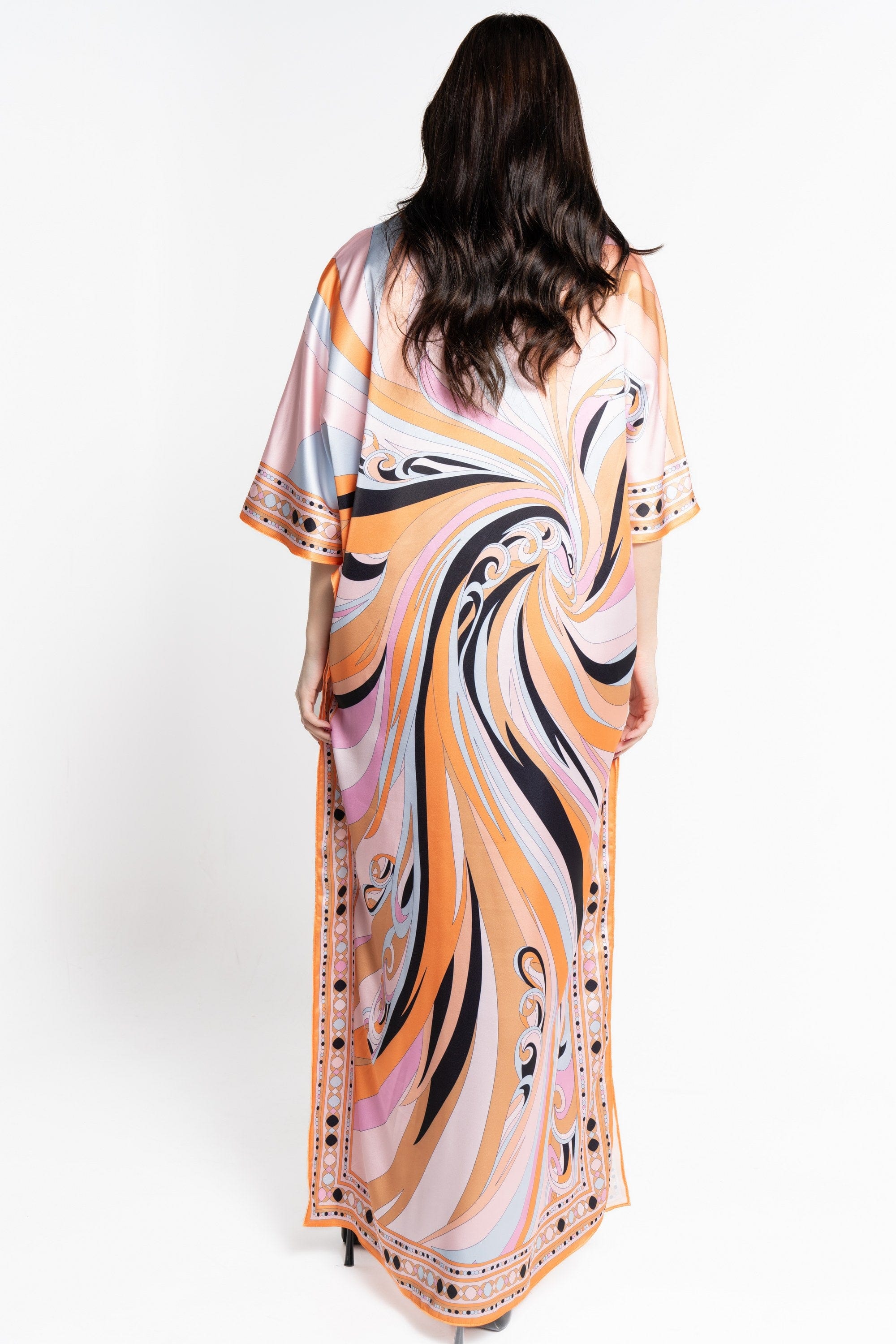 نتشي فستان ماكسي بأكمام فراشة منقوش واسع برتقالي