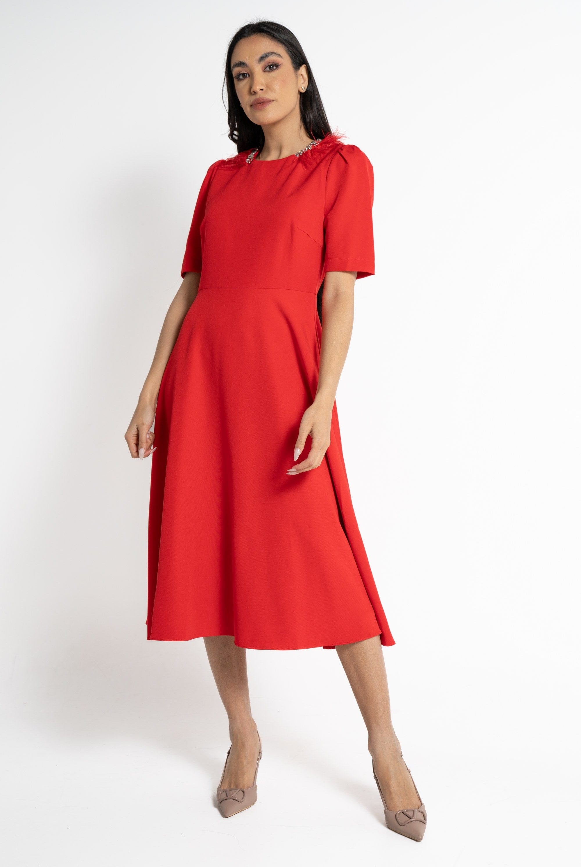 نتشي فستان ميدي بأكمام قصيرة نسائي