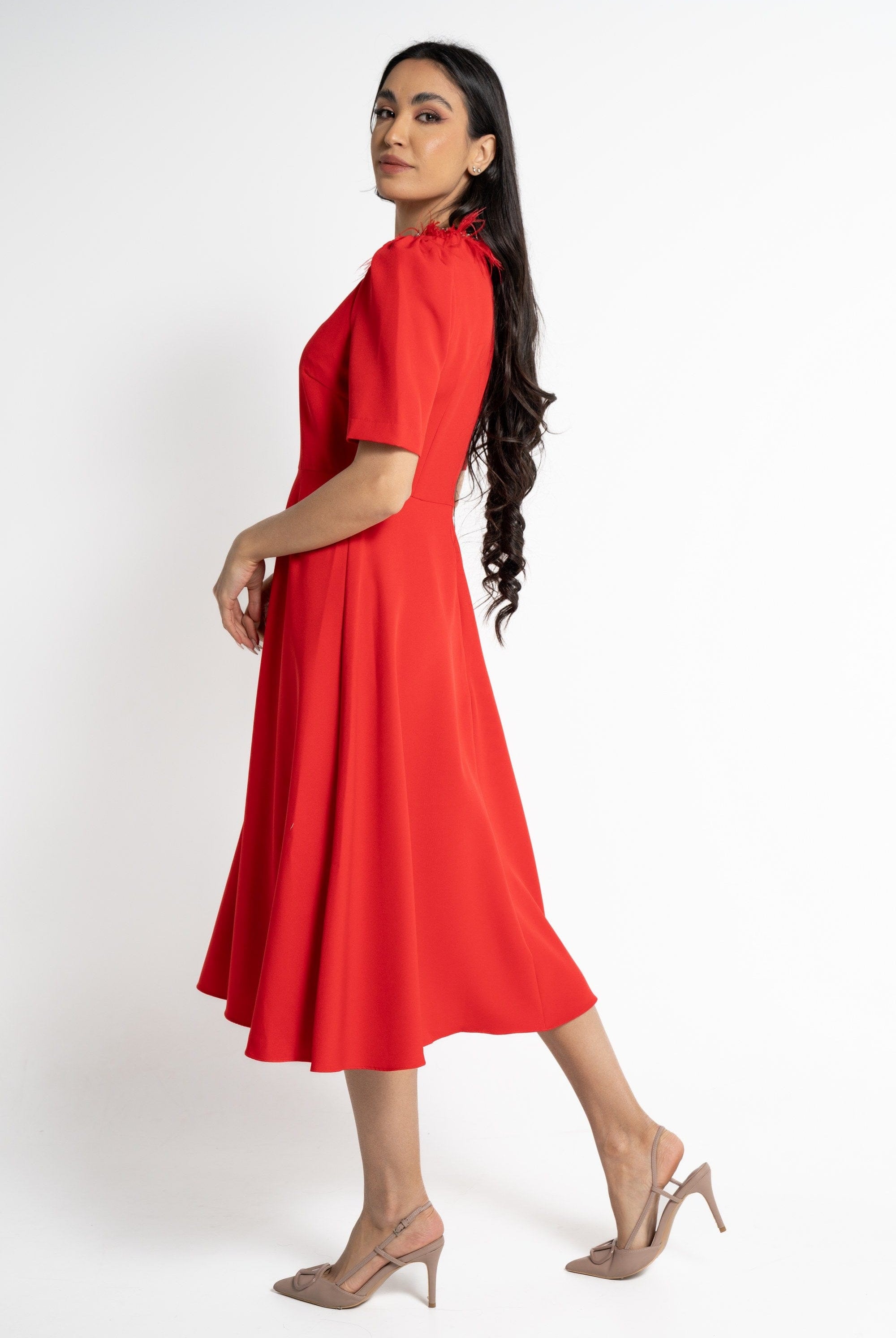 نتشي فستان ميدي بأكمام قصيرة نسائي